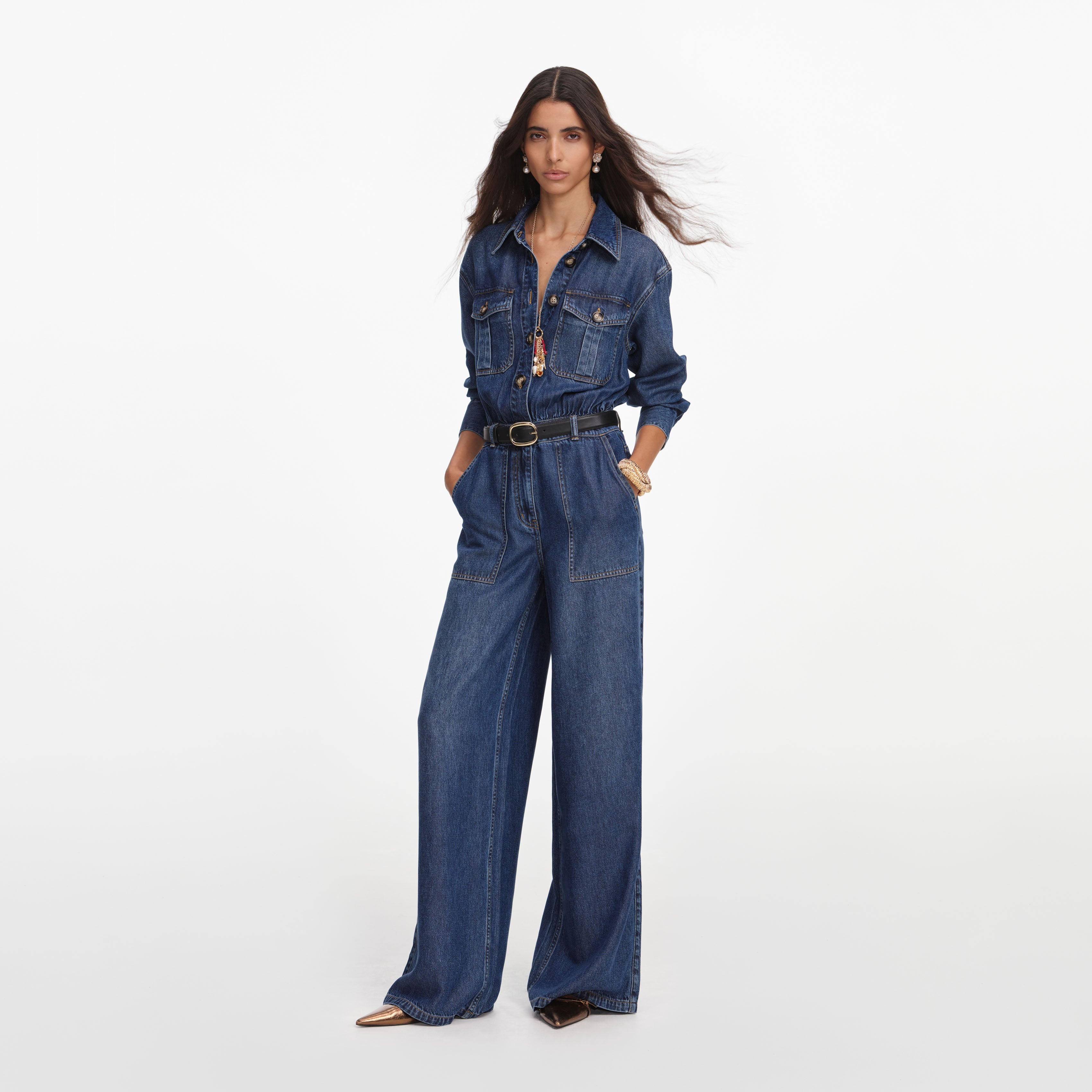 Self-Portrait Denim Relaxed Fit Jumpsuit Denim-Overall Blau