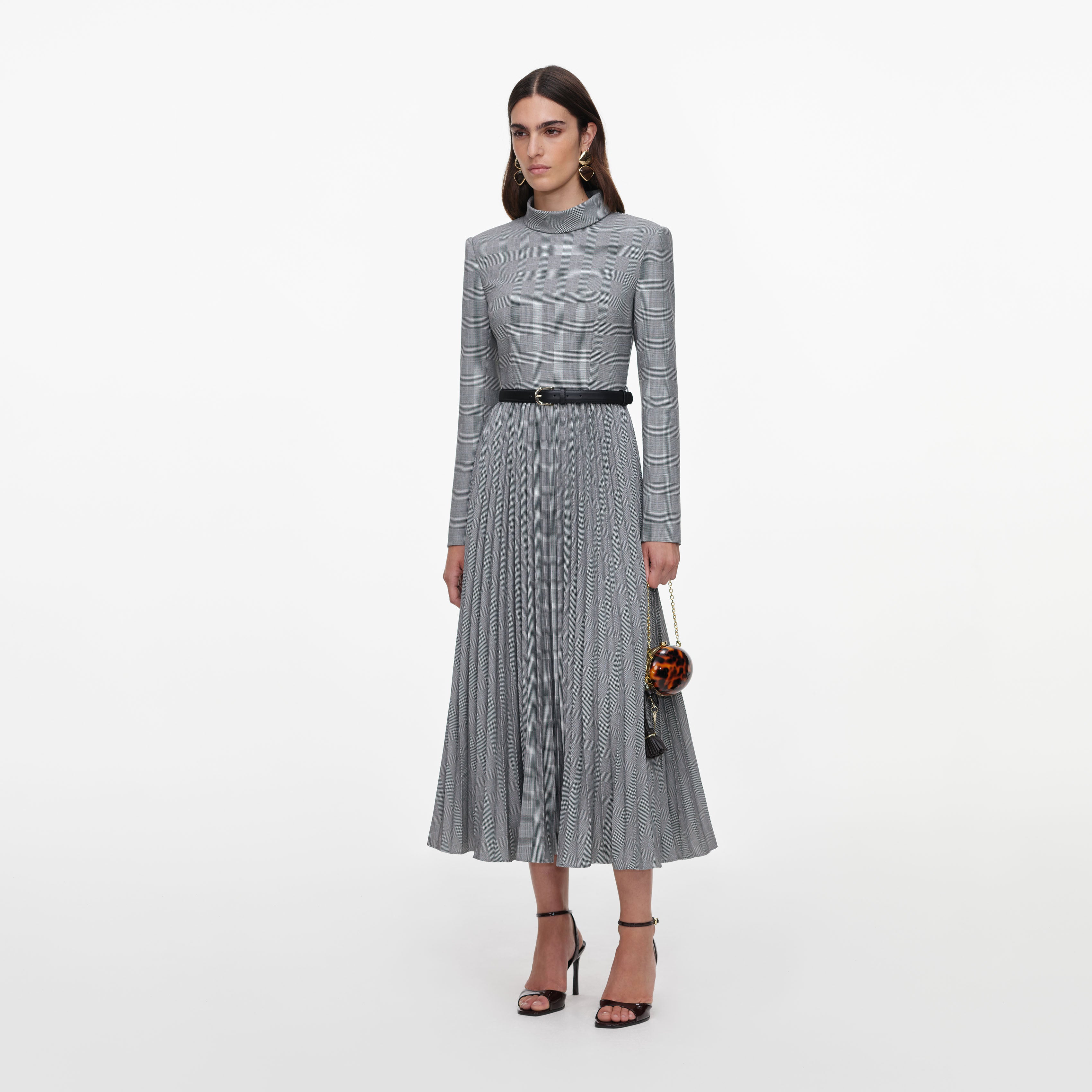 Self Portrait Dresses Grey Check Pleated Midi Kleid Grau Wolle