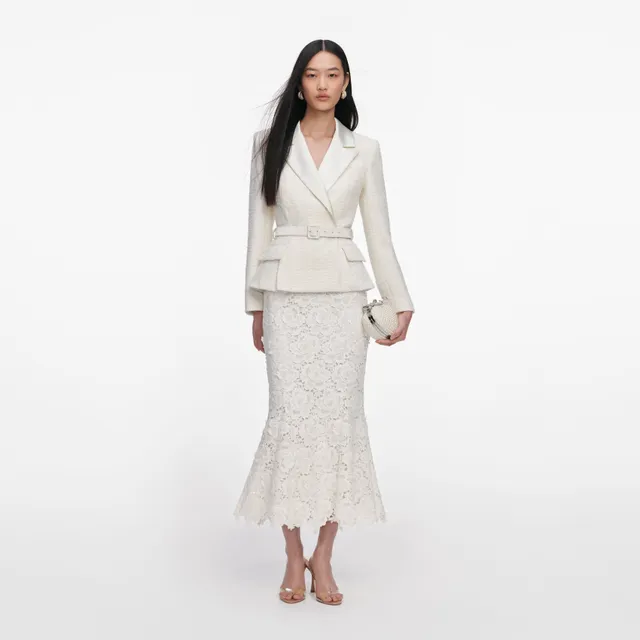 Self Portrait Boucle Midi Kleid Creme Spitze Gürtel