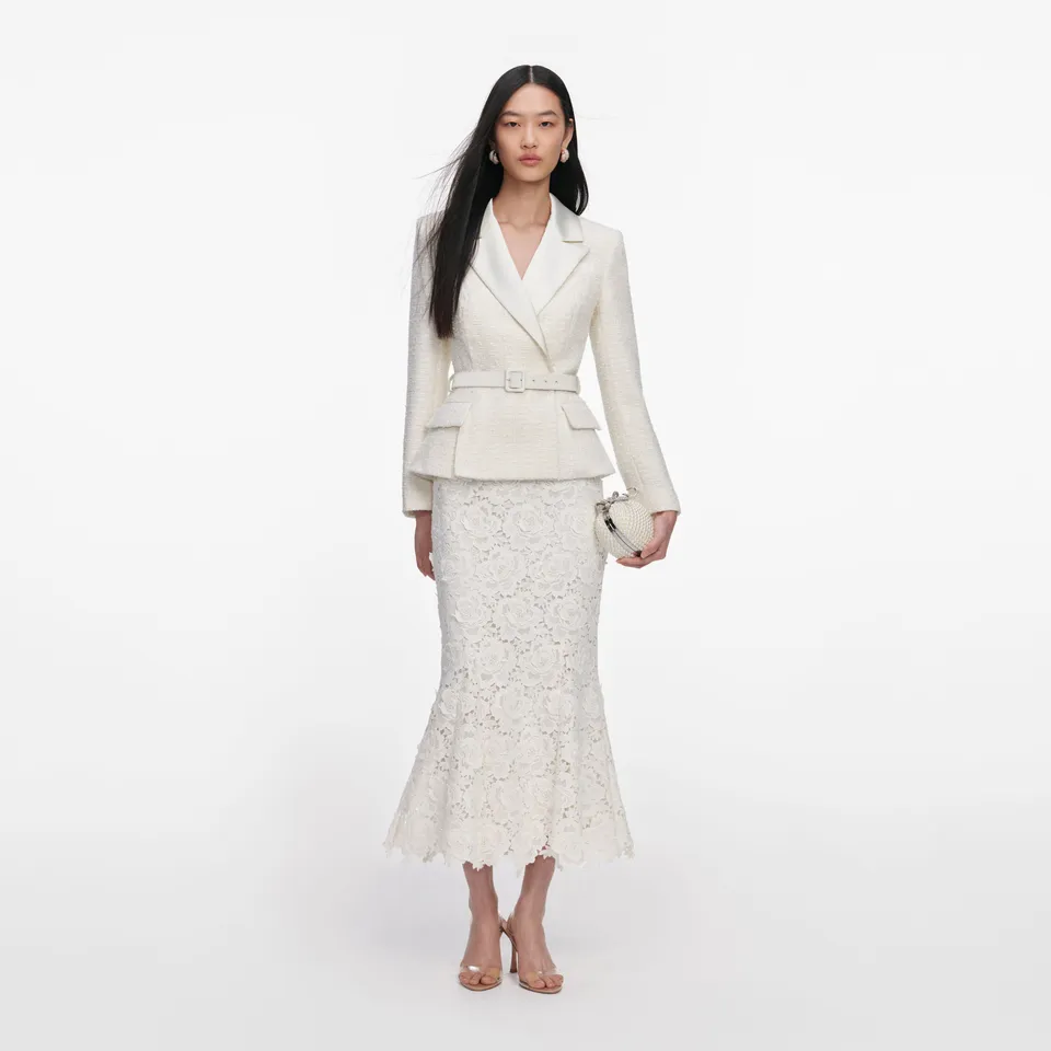 Self Portrait Boucle Midi Kleid Creme Spitze Gürtel