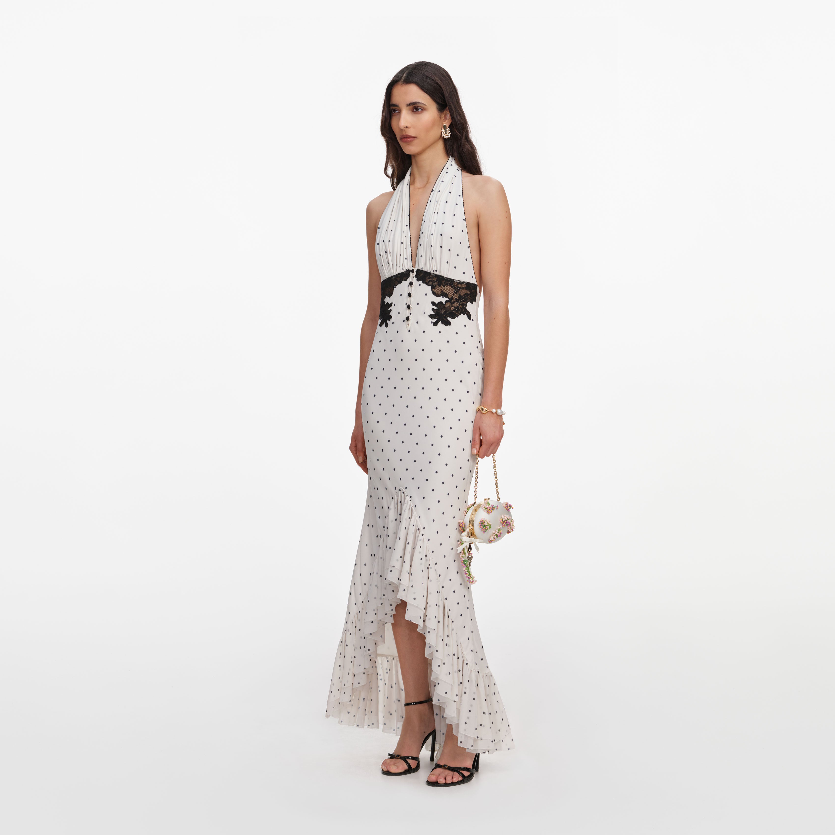 Self Portrait Polka Dot Halter Midi Kleid Weiß