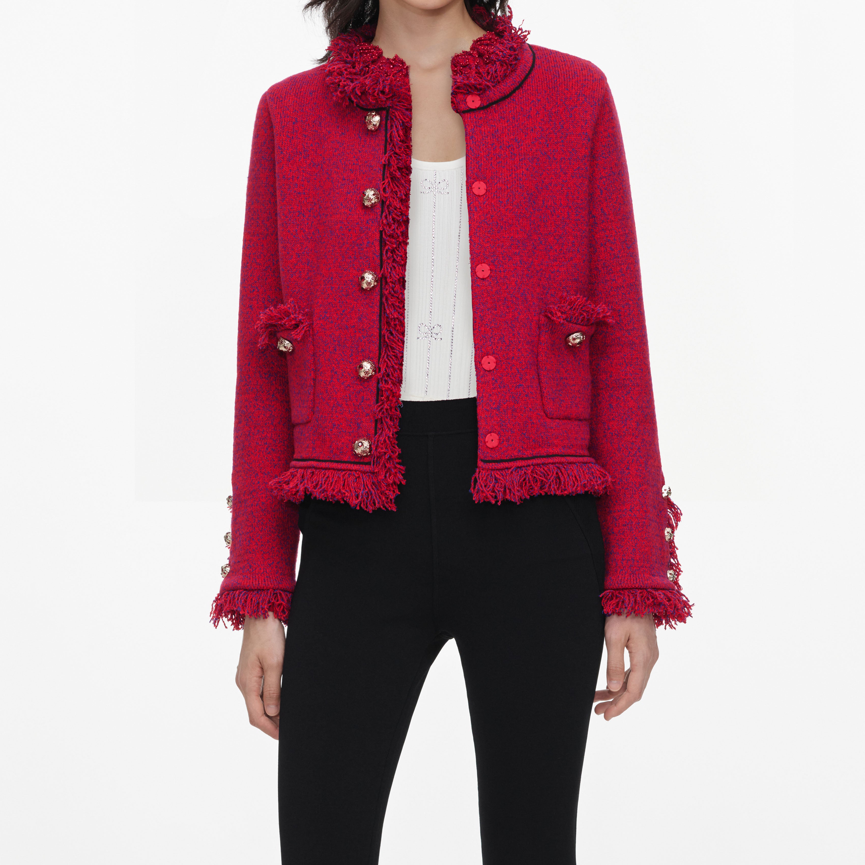 Self Portrait Red Frayed Strickjacke Rot Boucle M