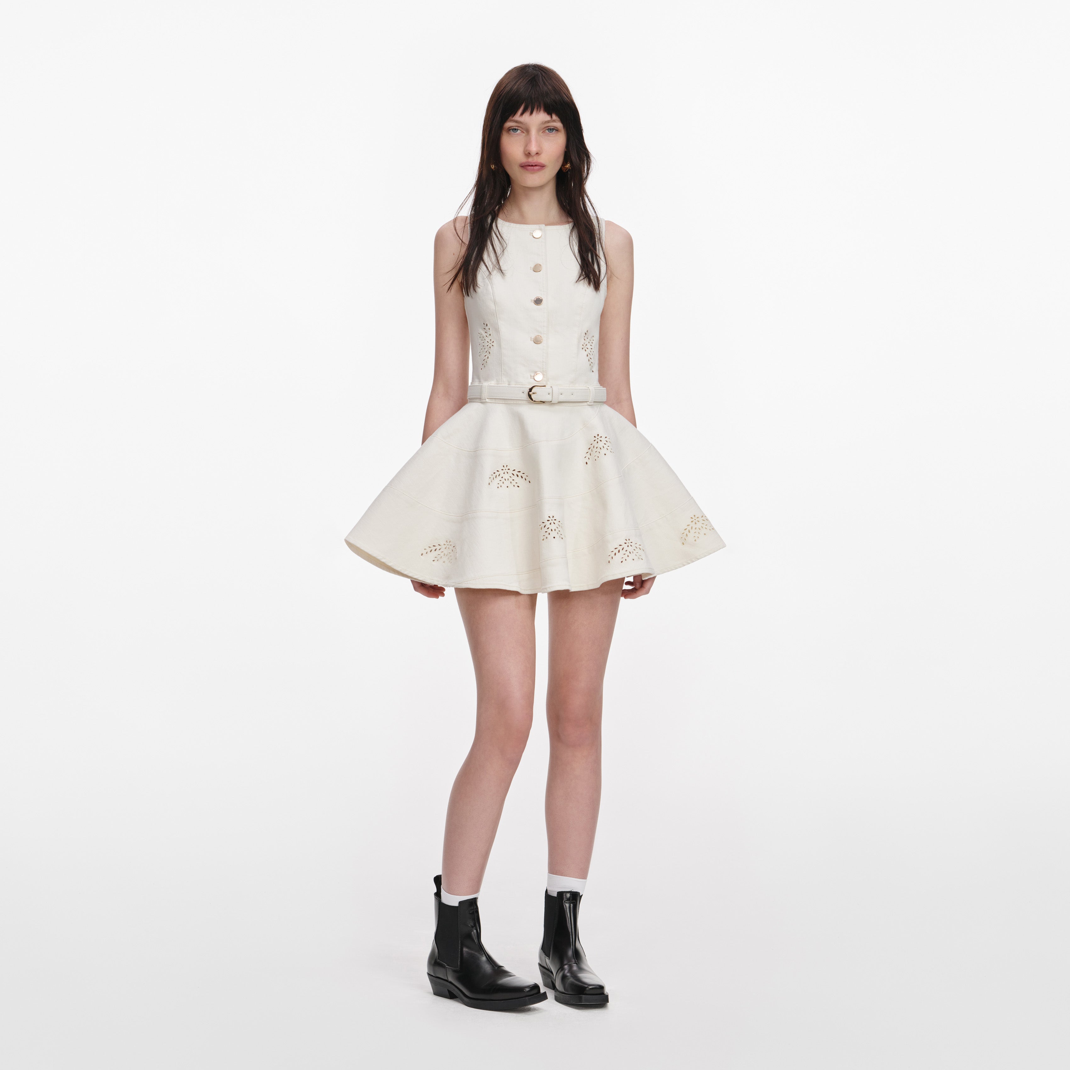 Self Portrait Denim Broderie Mini Kleid Creme UK 6