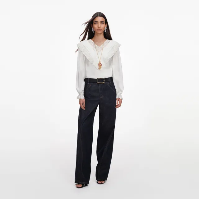 Self Portrait Cream Viscose Lace Top Creme Spitze V-Ausschnitt
