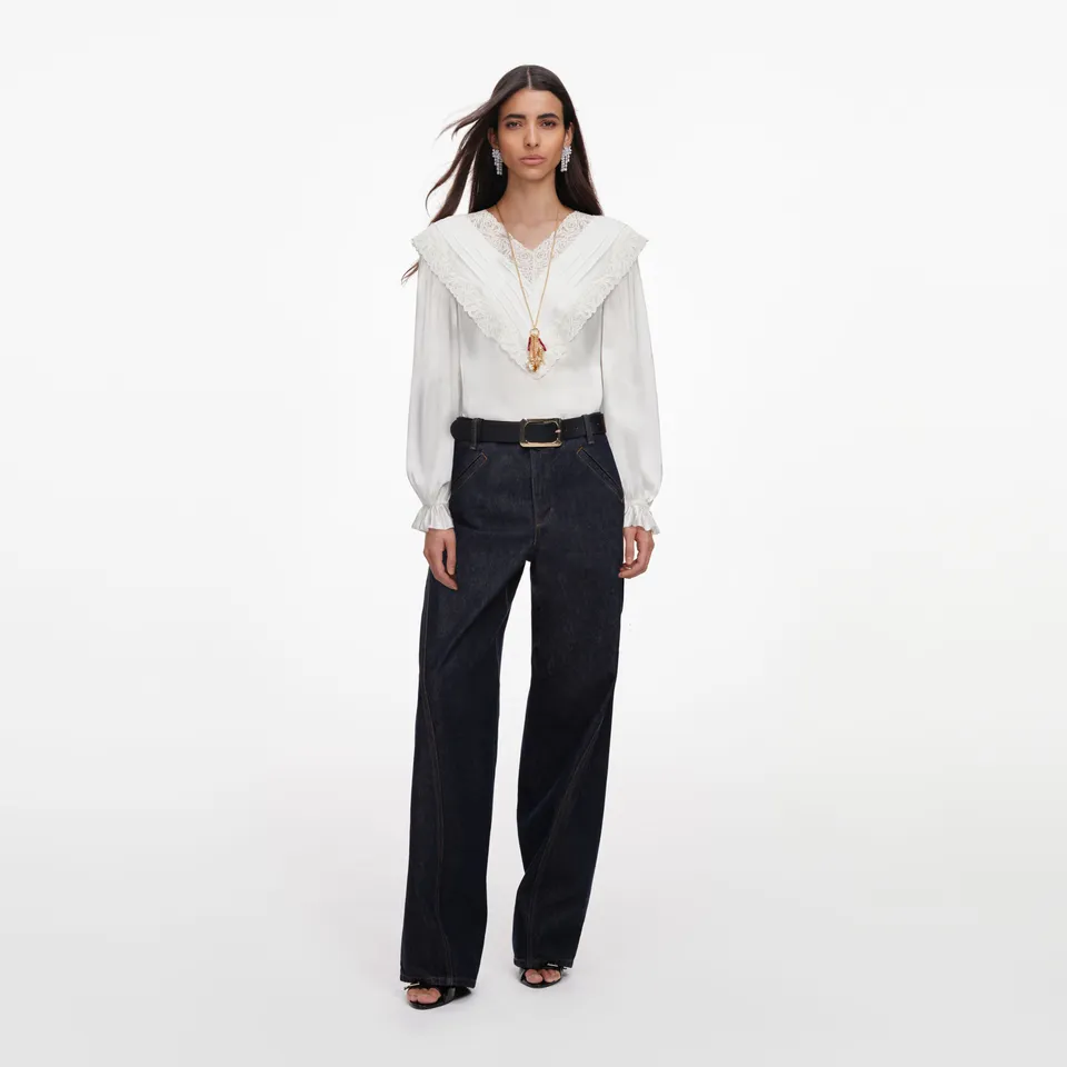 Self Portrait Cream Viscose Lace Top Creme Spitze V-Ausschnitt