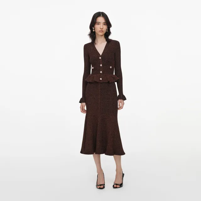 Self Portrait Dresses Brown Lurex Midi Kleid Strick Peplum Braun