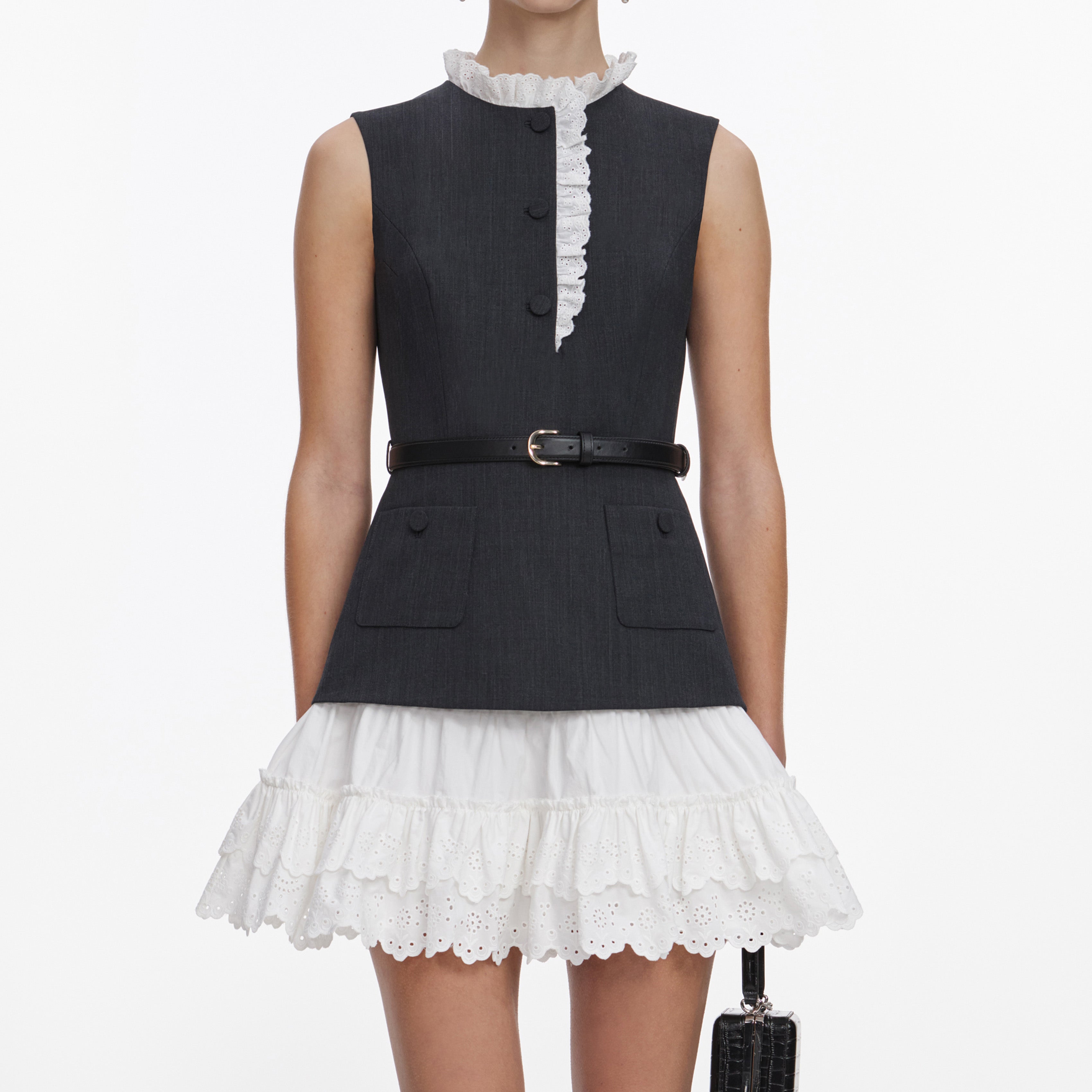 Self Portrait Grey Tailored Frill Minikleid Grau Wolle