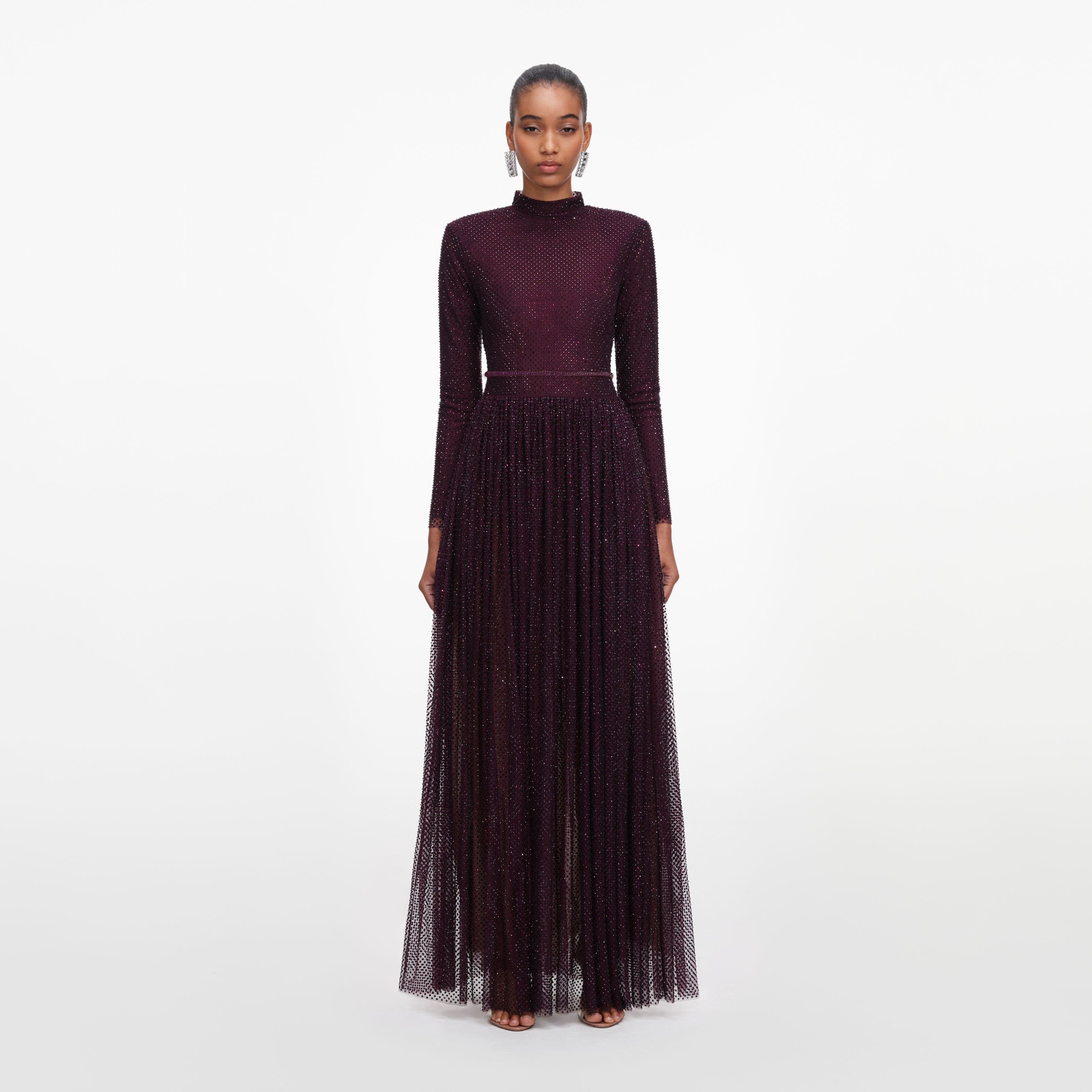 Self Portrait Strass Maxikleid Burgund Langarm Party
