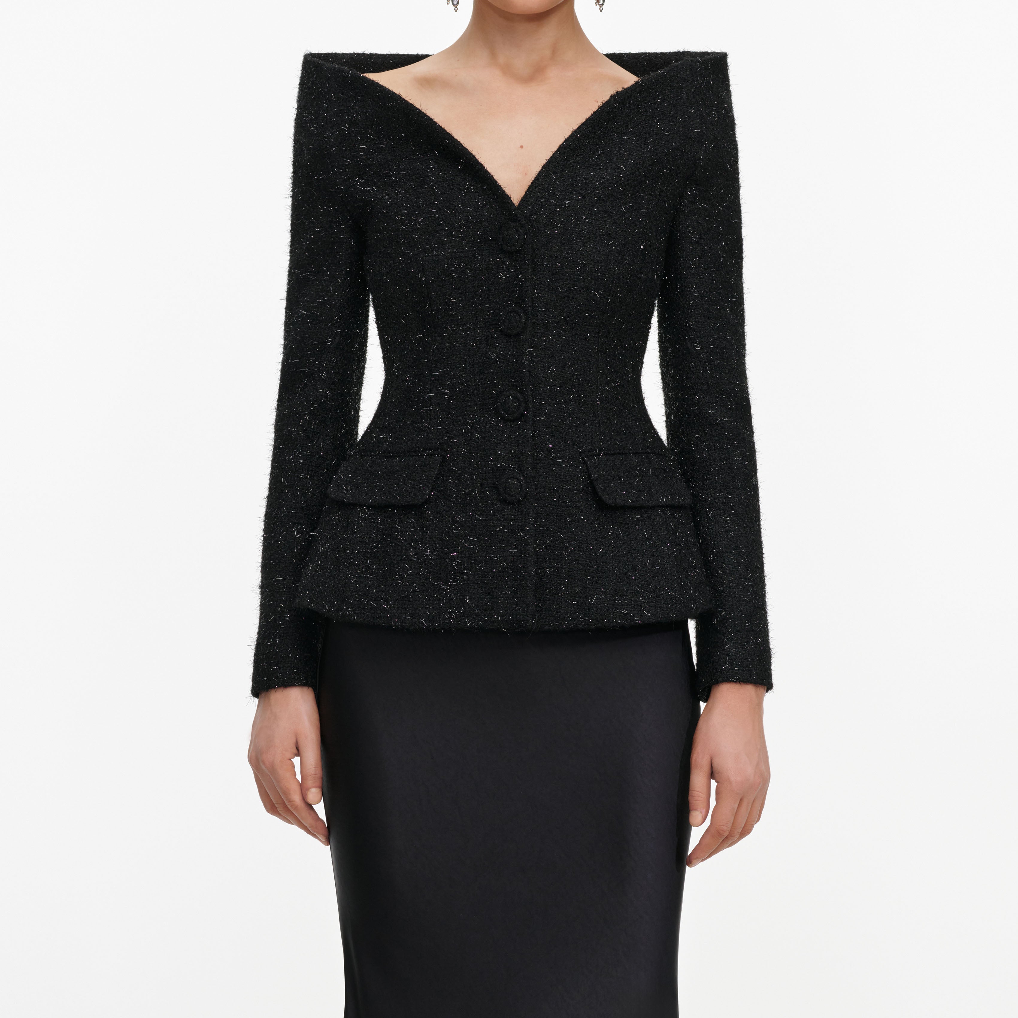 Self-Portrait Black Metallic Boucle Maxikleid Schwarz Satin