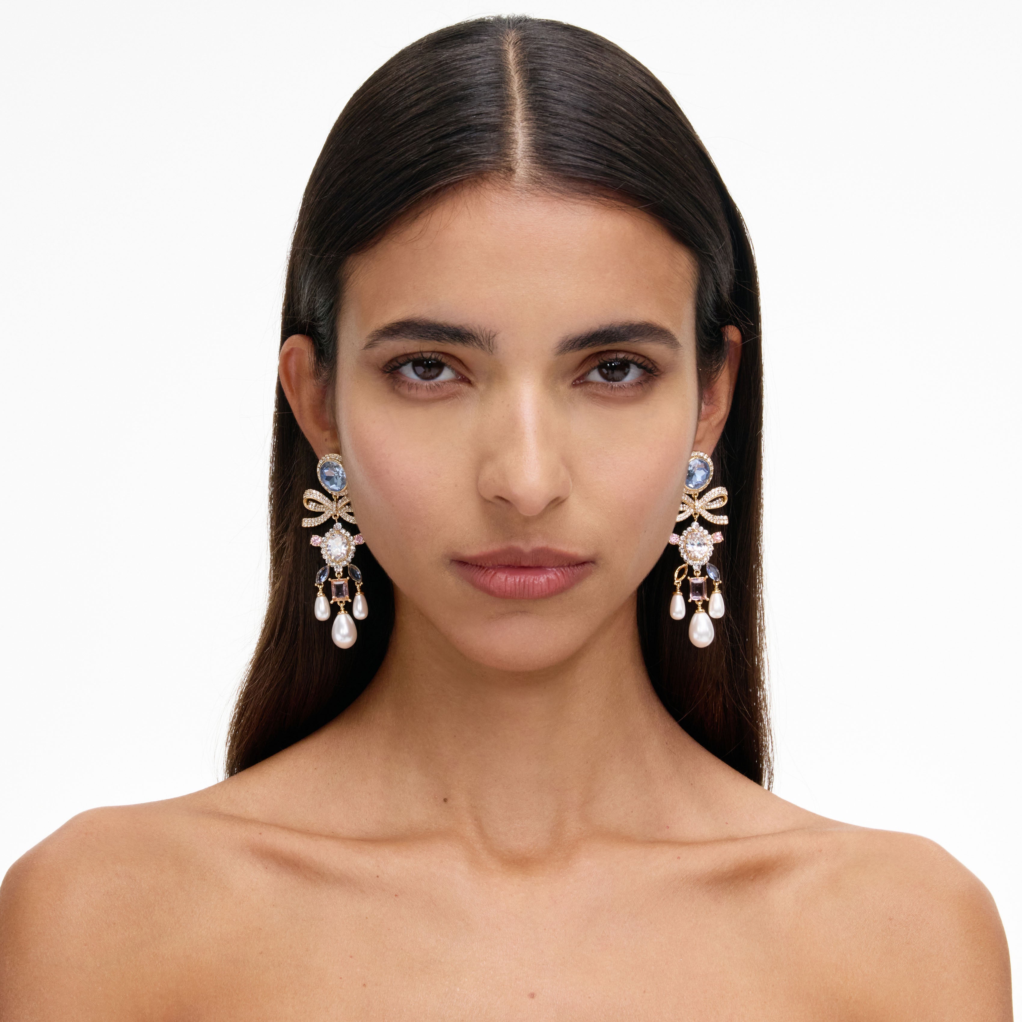Self Portrait Gold Multi Crystal Bow Pearl Droplet Ohrringe