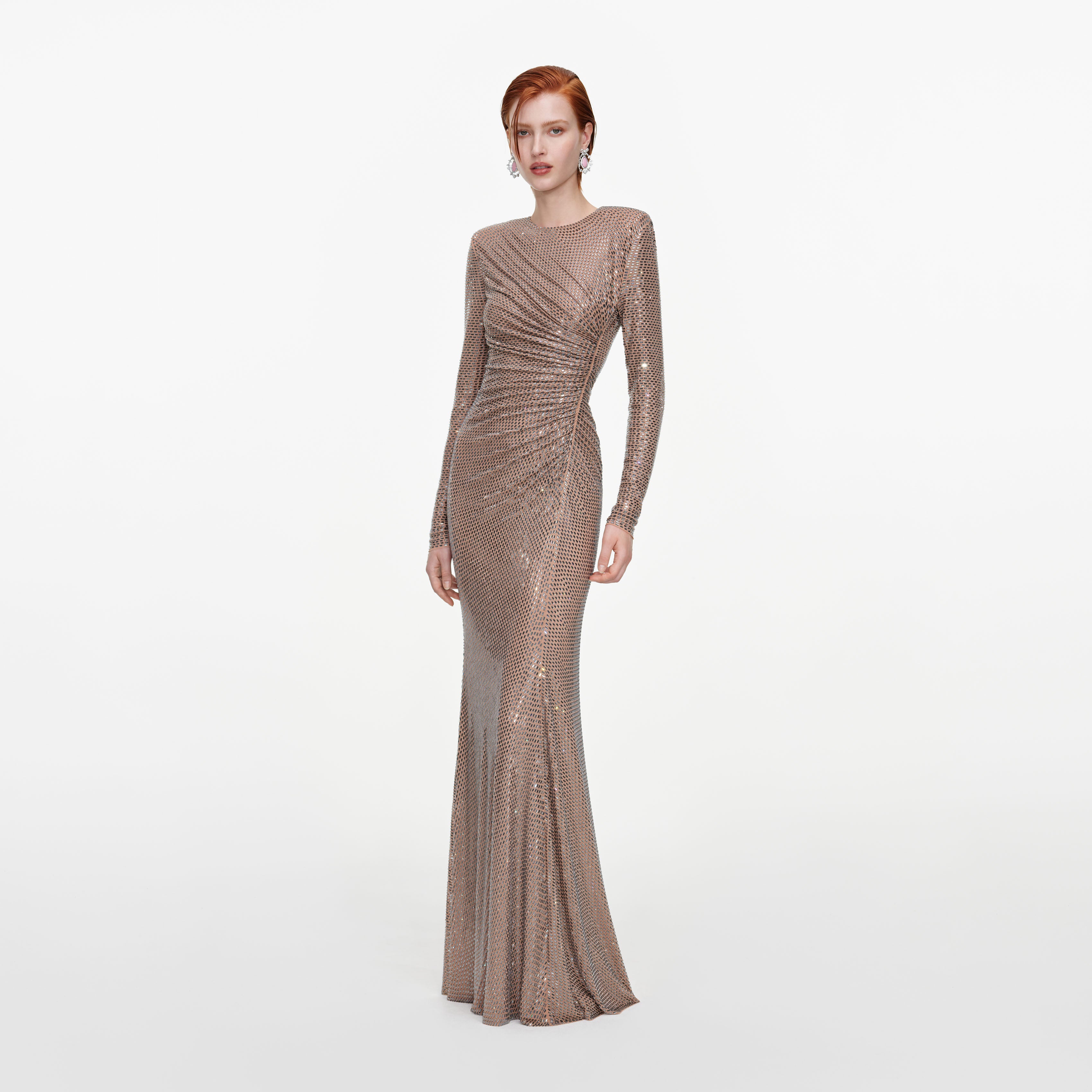 Self Portrait Dresses Tan Rhinestone Gathered Maxikleid Strass