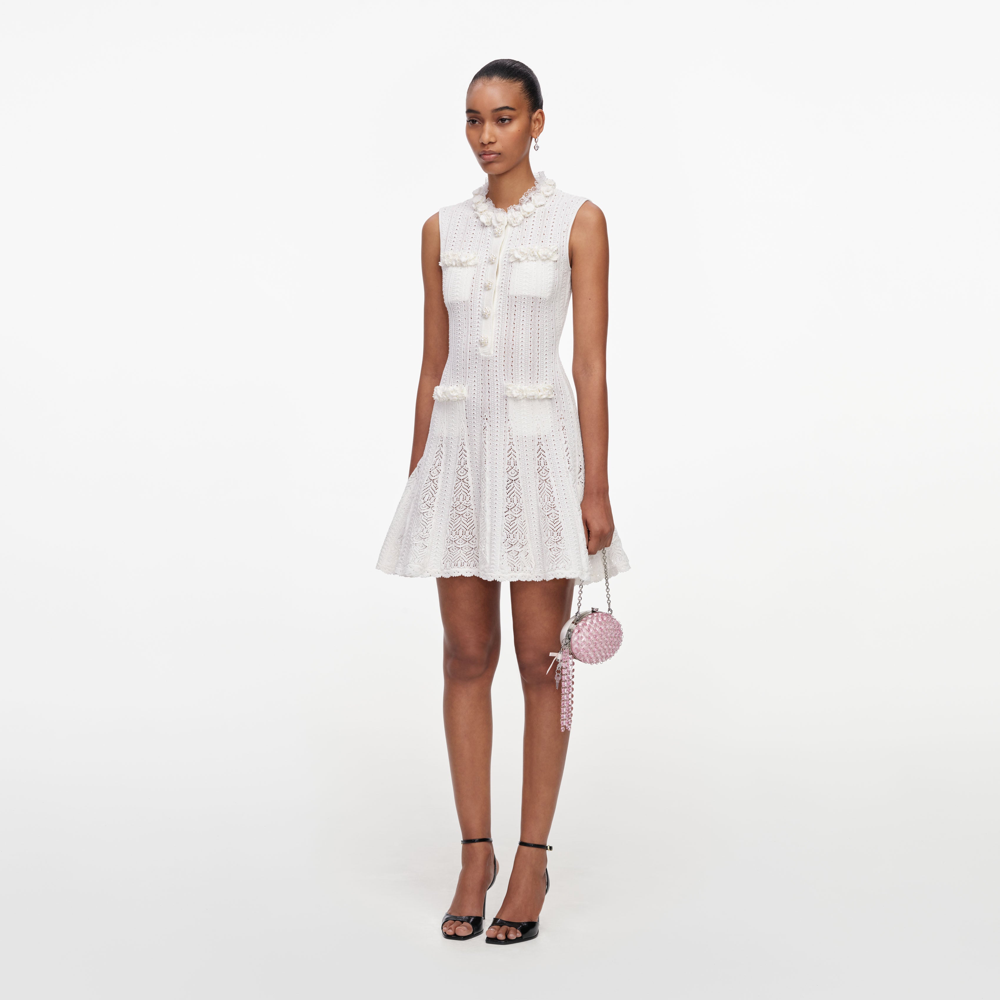 Self Portrait White Flower Trim Knit Minikleid Weiss Pointelle