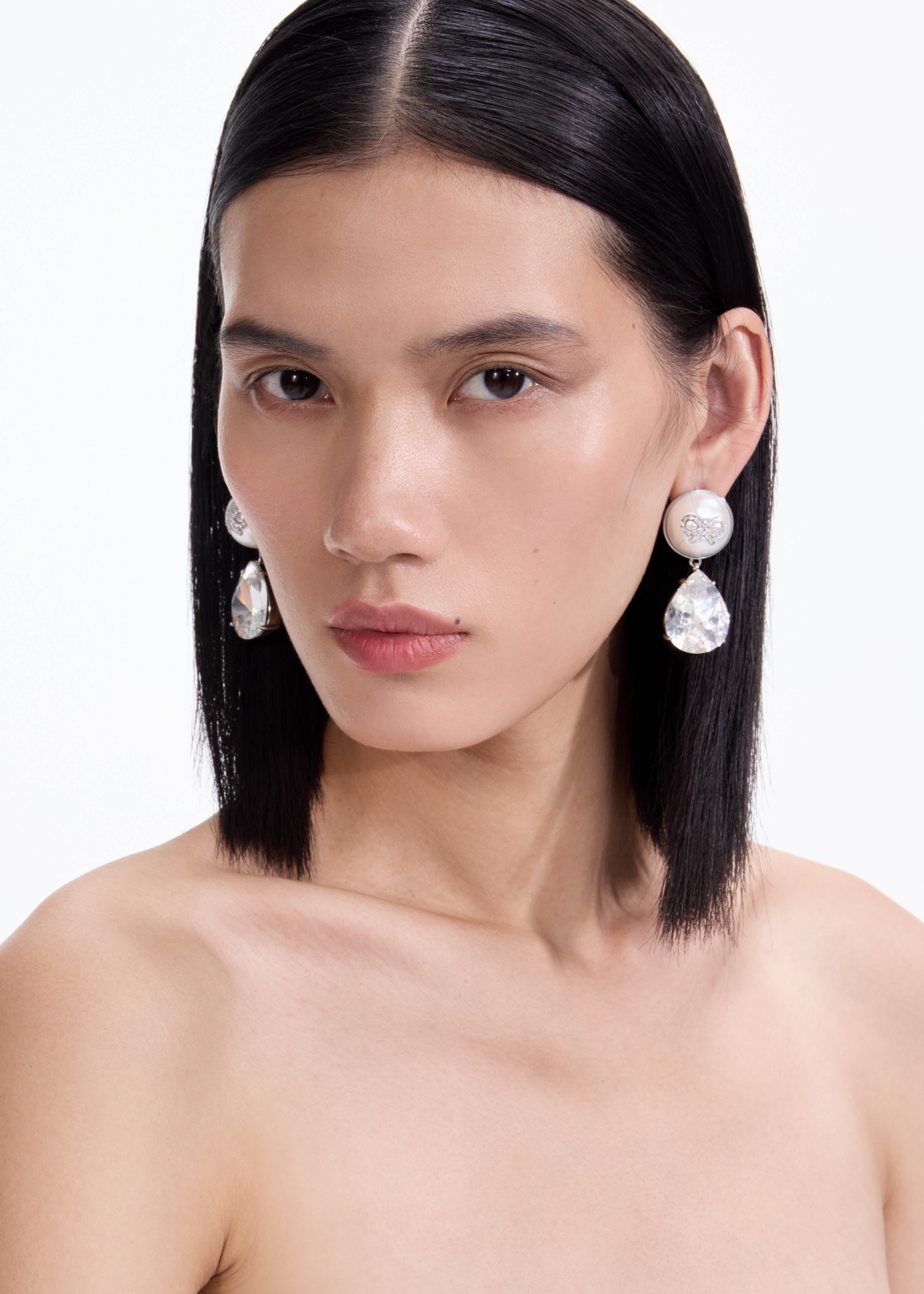 Self-Portrait Bow Pearl Crystal Droplet Ohrringe Silber Perle