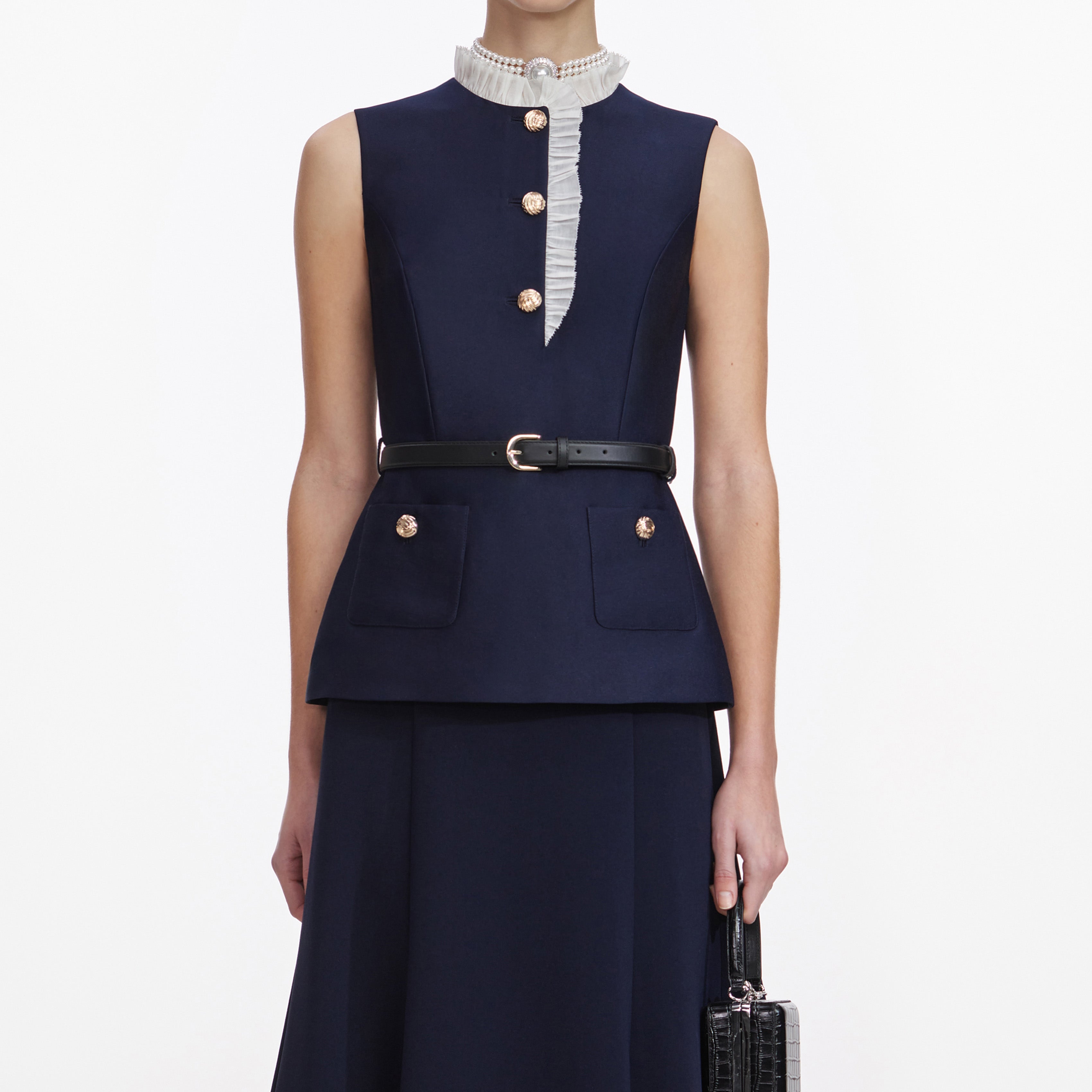 Self-Portrait Taffeta Contrast Frill Midi Kleid navy