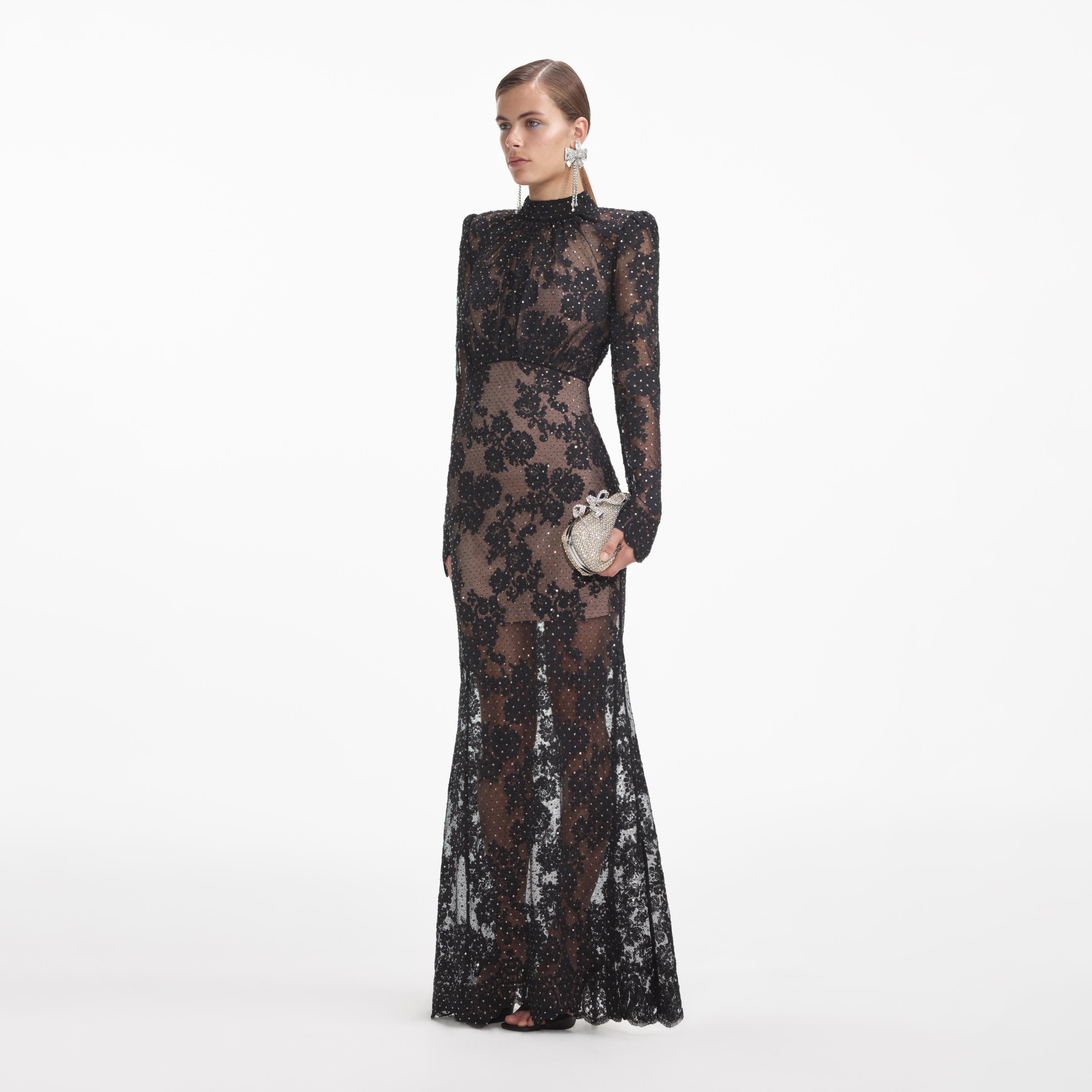 Self Portrait Black Rhinestone Lace Maxi Kleid Schwarz UK 6