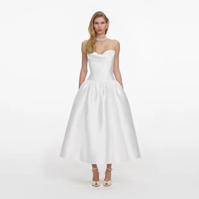 Self Portrait White Taffeta Midi Brautkleid Weiss Traegerlos
