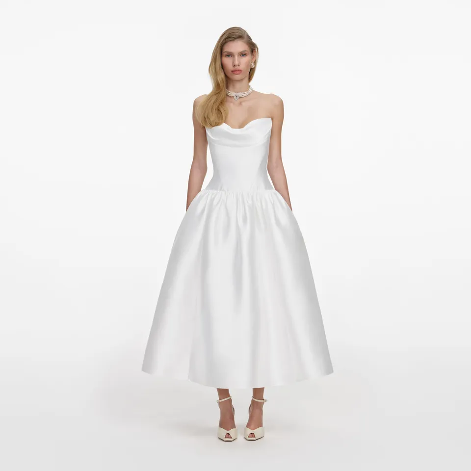 Self Portrait White Taffeta Midi Brautkleid Weiss Traegerlos
