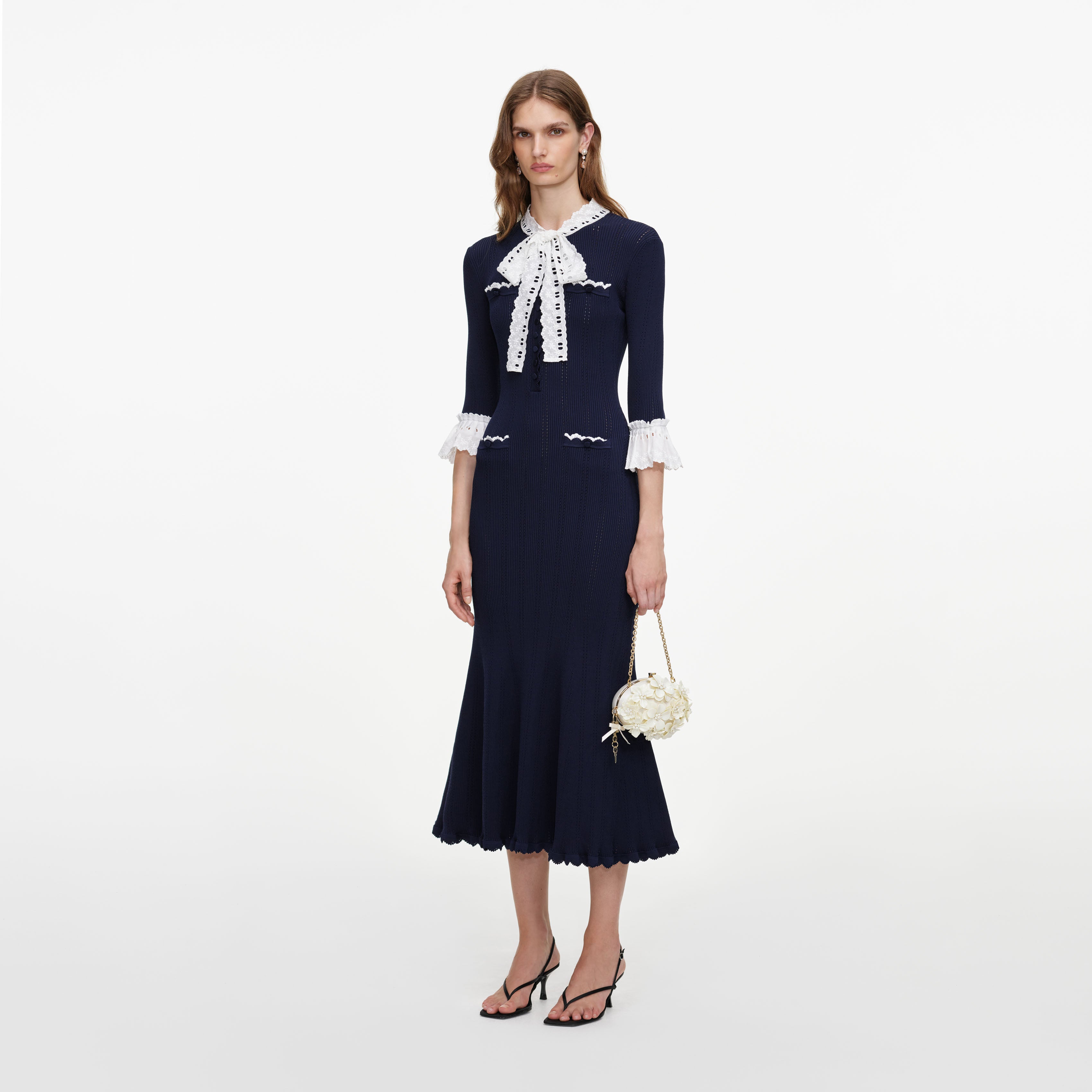 Self Portrait Navy Pointelle Midi Strickkleid Blau Spitze