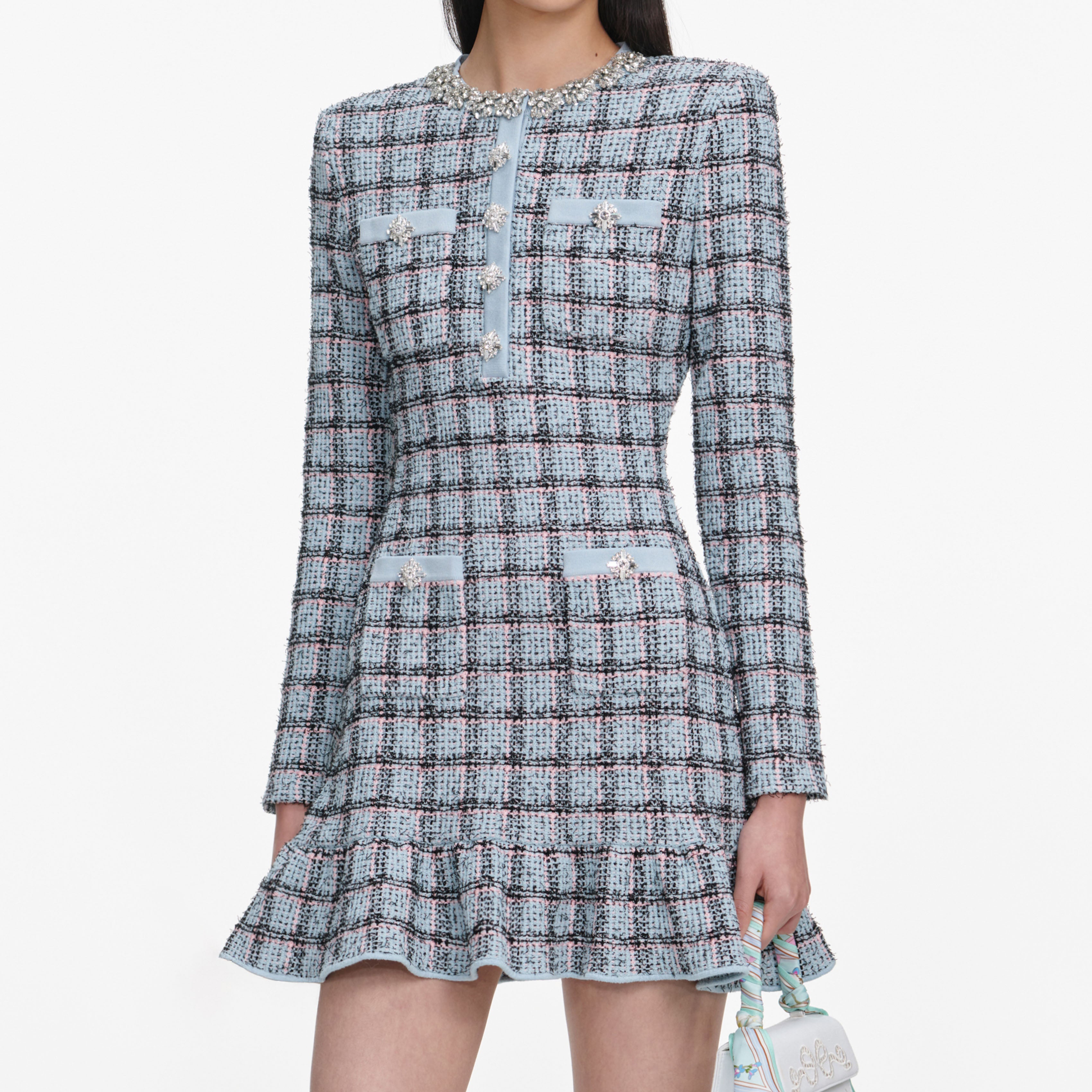 Self Portrait Blue Check Knit Minikleid Strickkleid Blau S Knöpfe