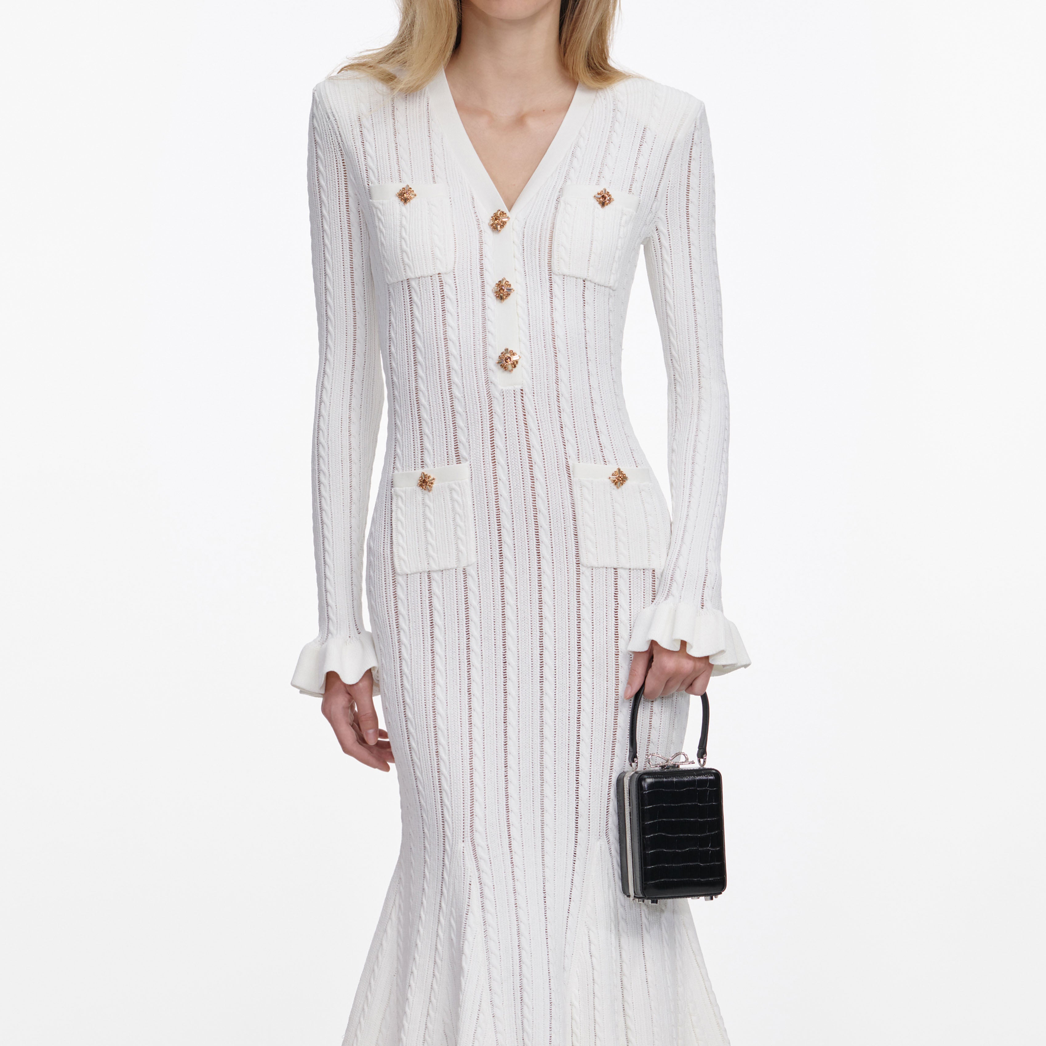 Self Portrait White Pointelle Knit Midi Kleid Weiß