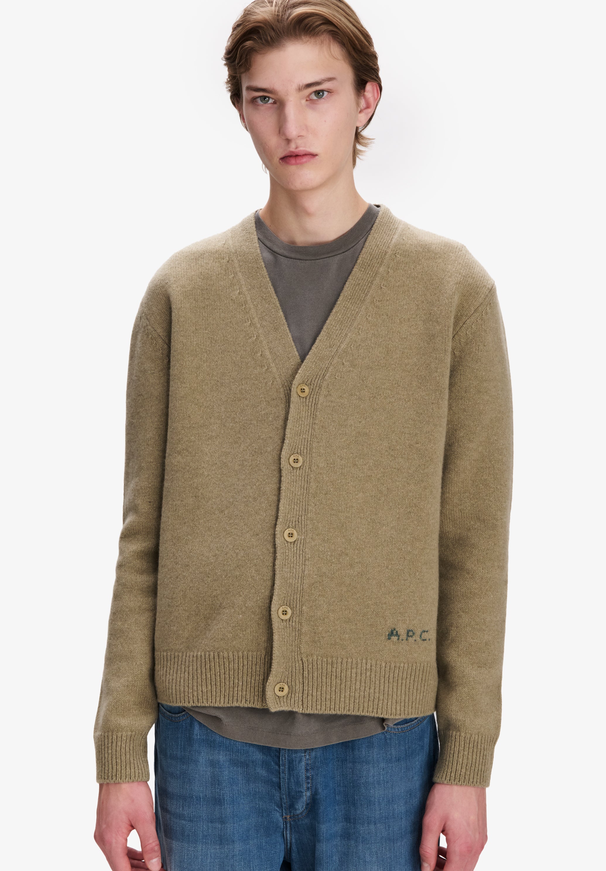 A.P.C. KNITWEAR Beiger Cardigan Wollcardigan V-Ausschnitt Wolle