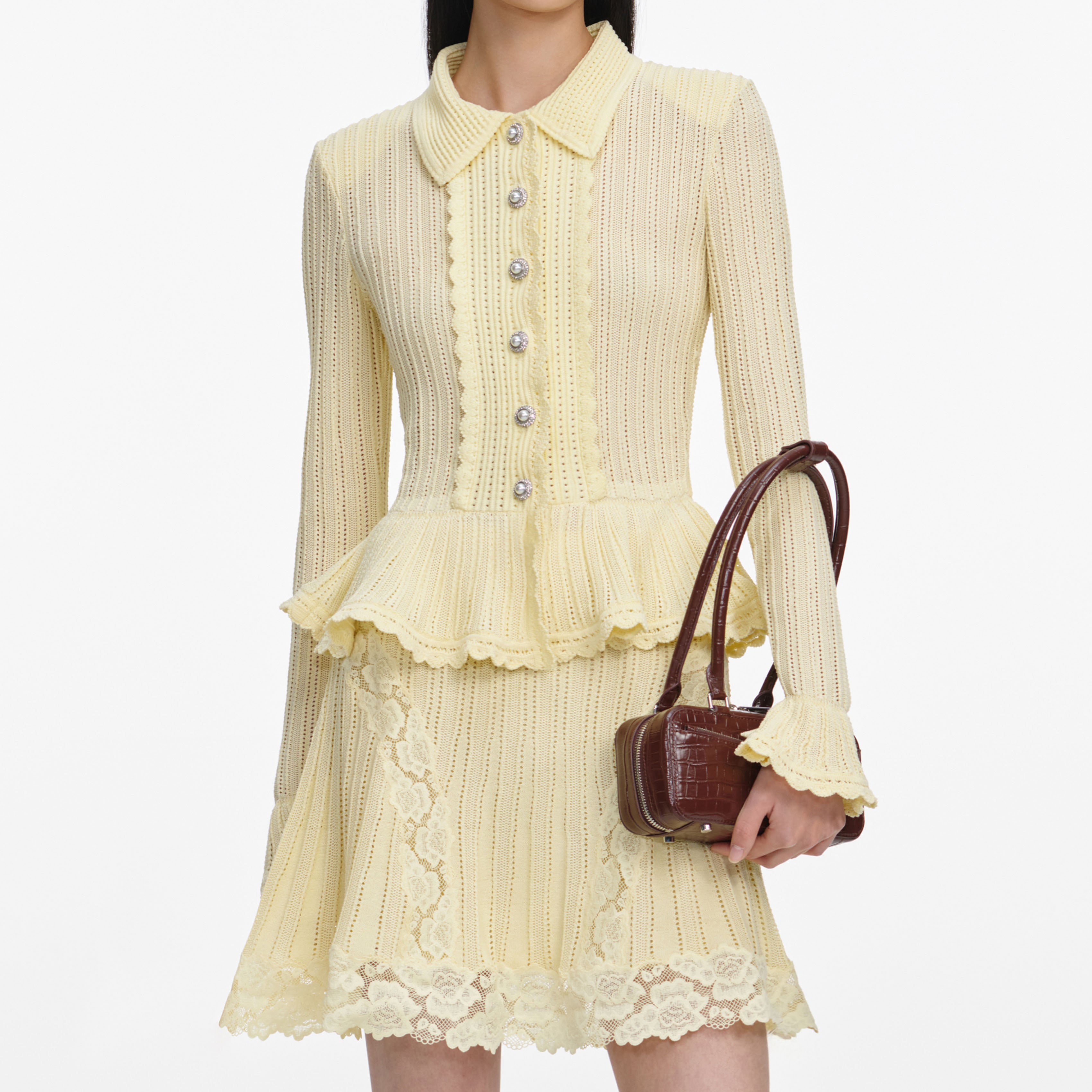 Self Portrait Pointelle Peplum Mini Kleid Gelb