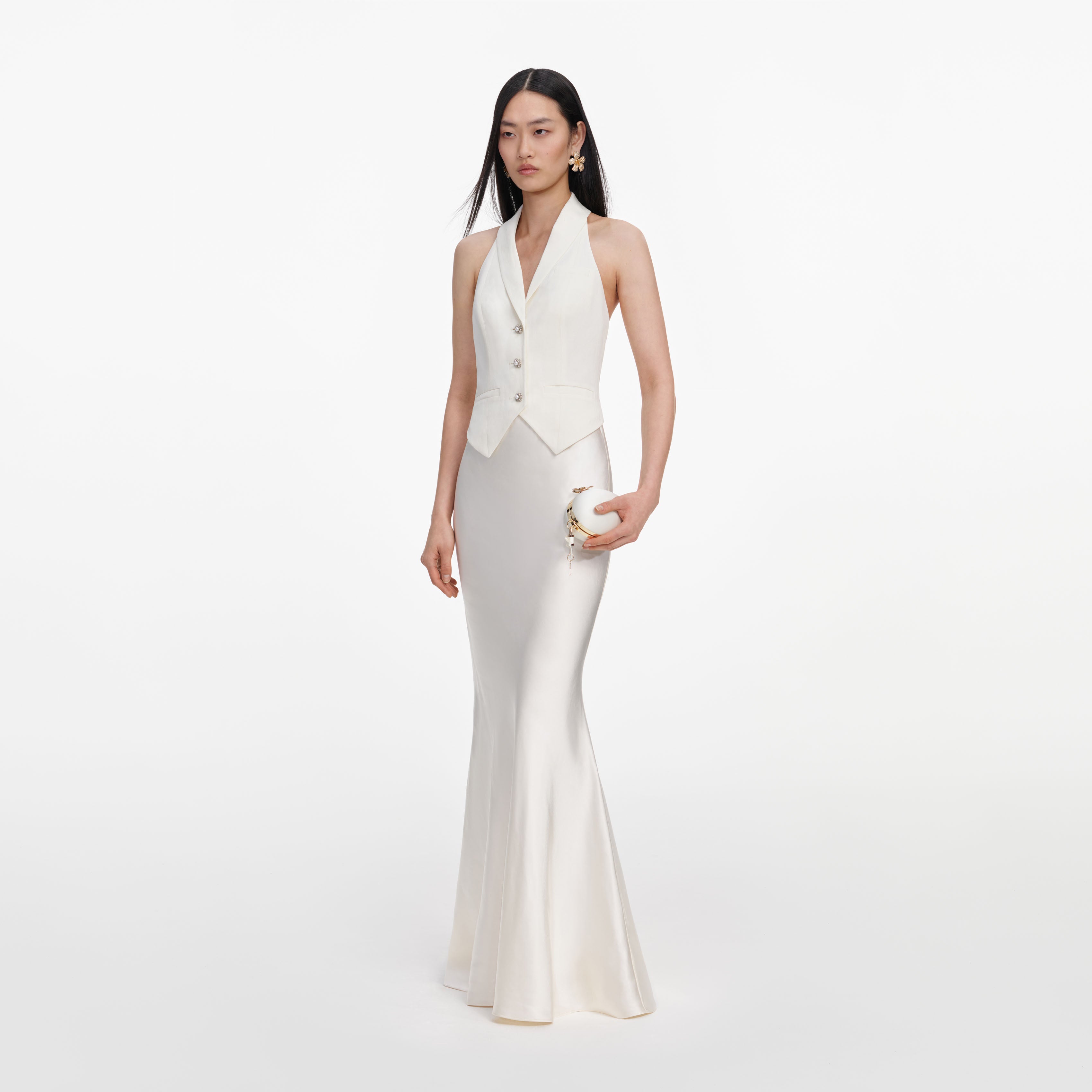 Self Portrait Cream Linen Satin Maxikleid creme rückenfrei