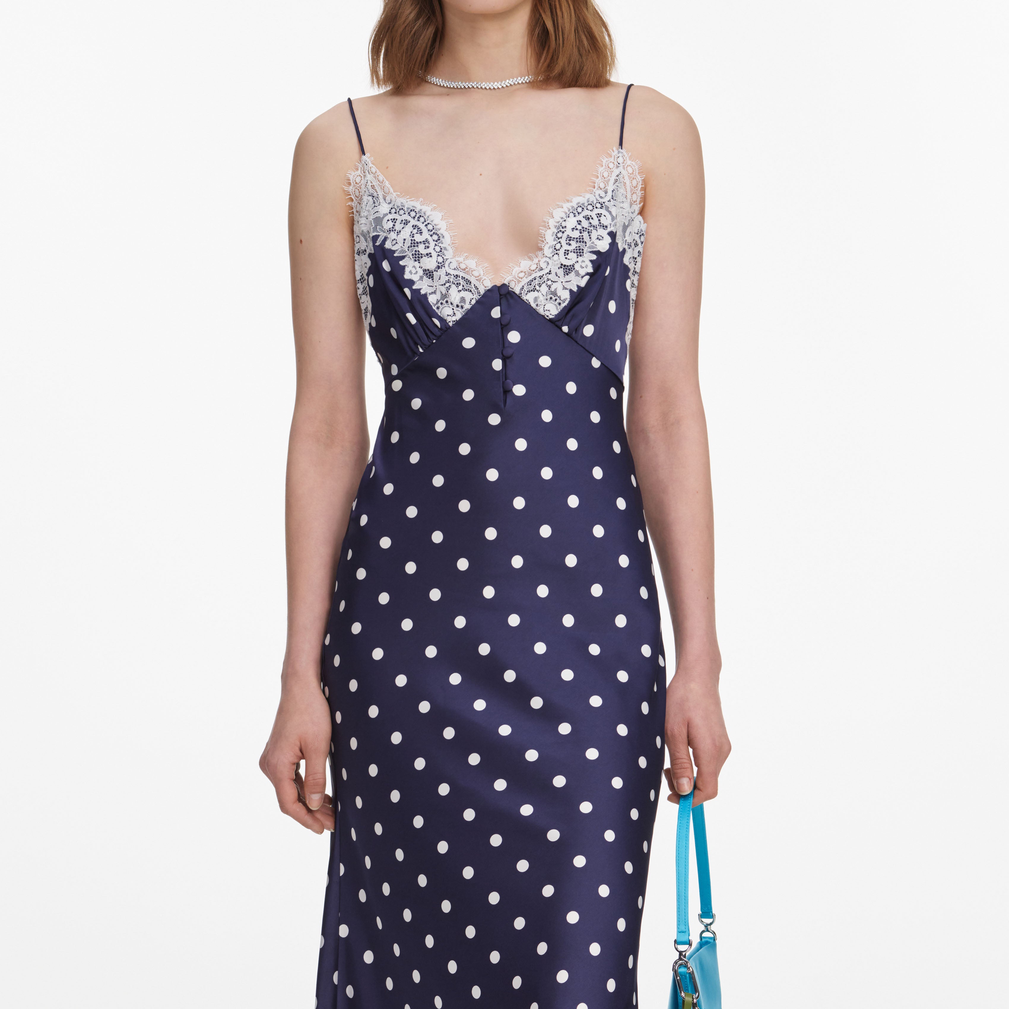 Self Portrait Satin Polka Dot Midi Kleid navy Punkte