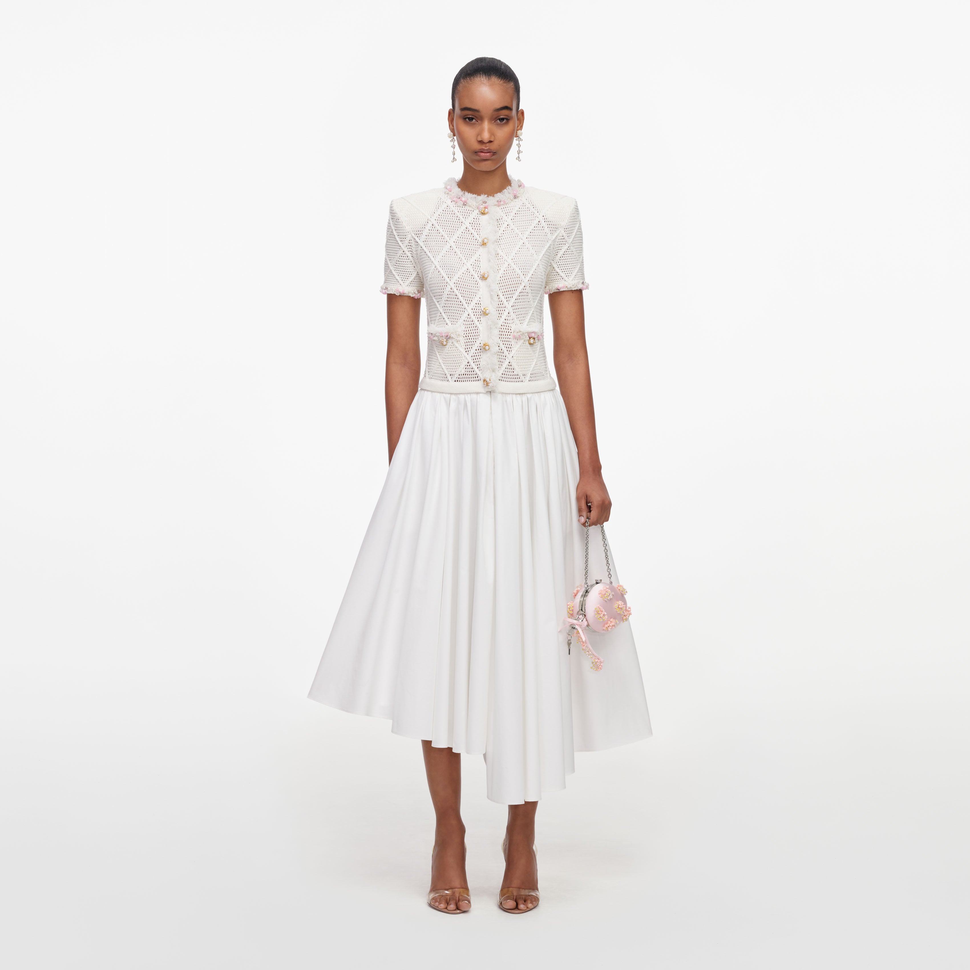 Self Portrait Fringe Knit Midikleid creme Baumwolle