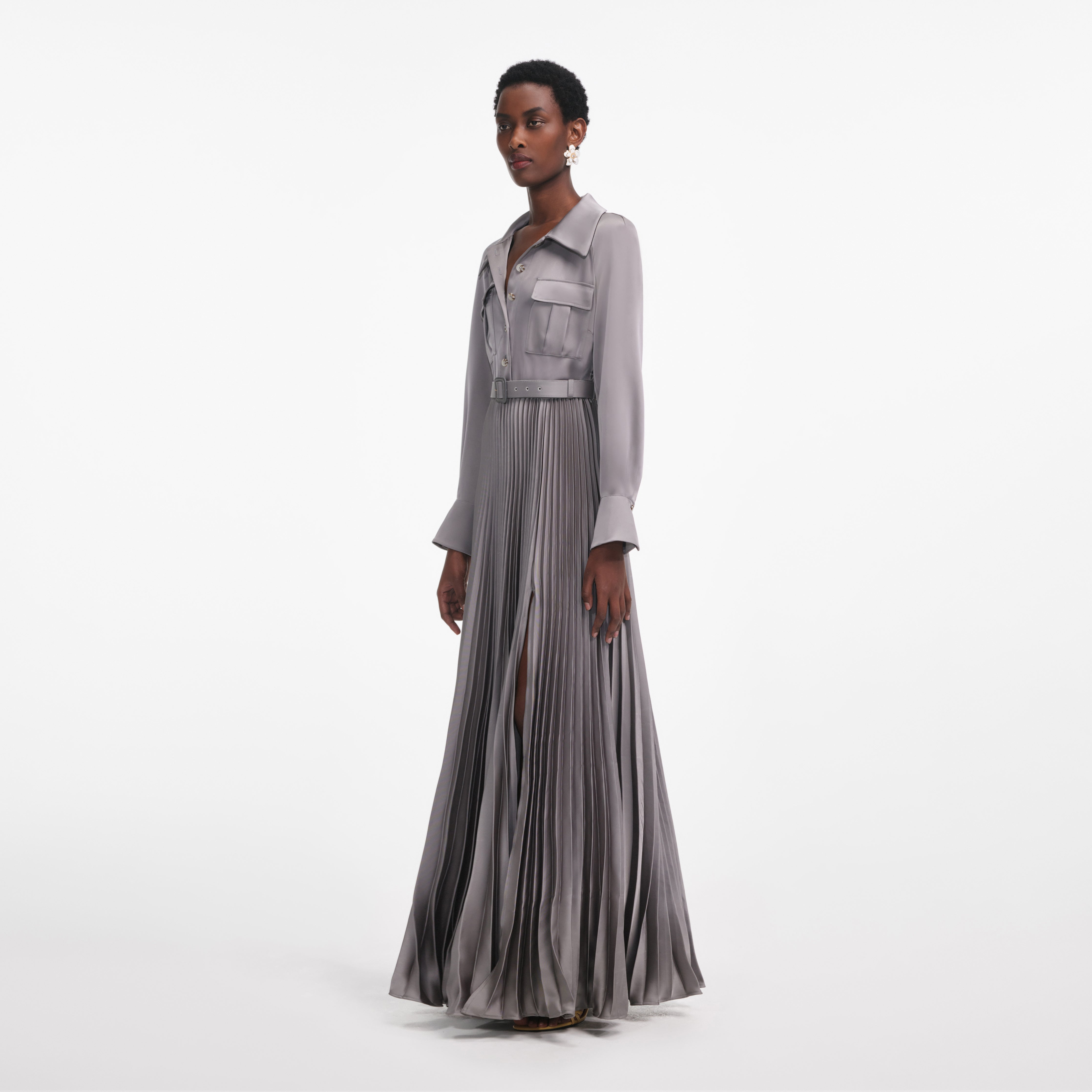 Self Portrait Grey Satin Pleated Maxi Kleid UK 8