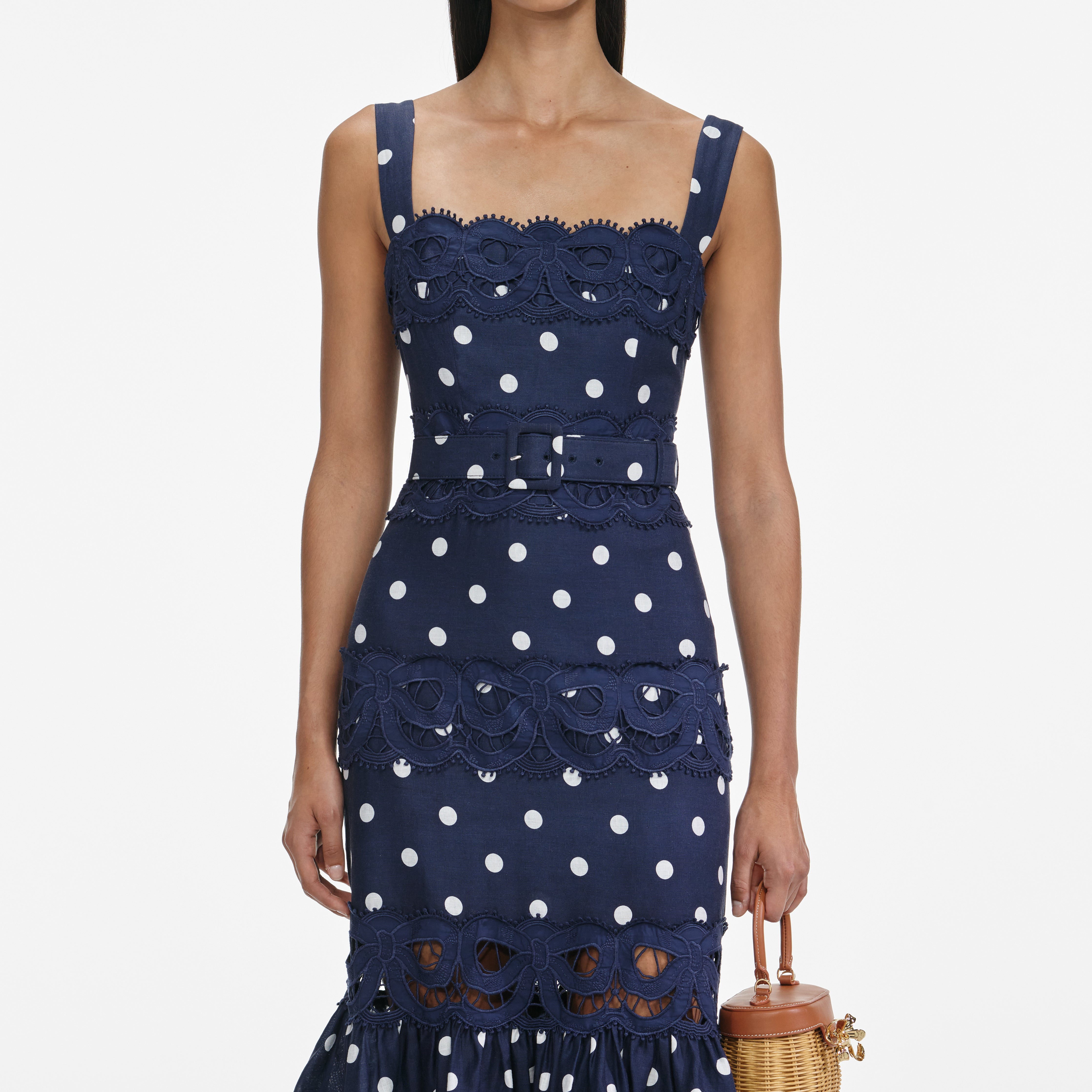 Self Portrait Polka Dot Leinen Midikleid navy UK 8