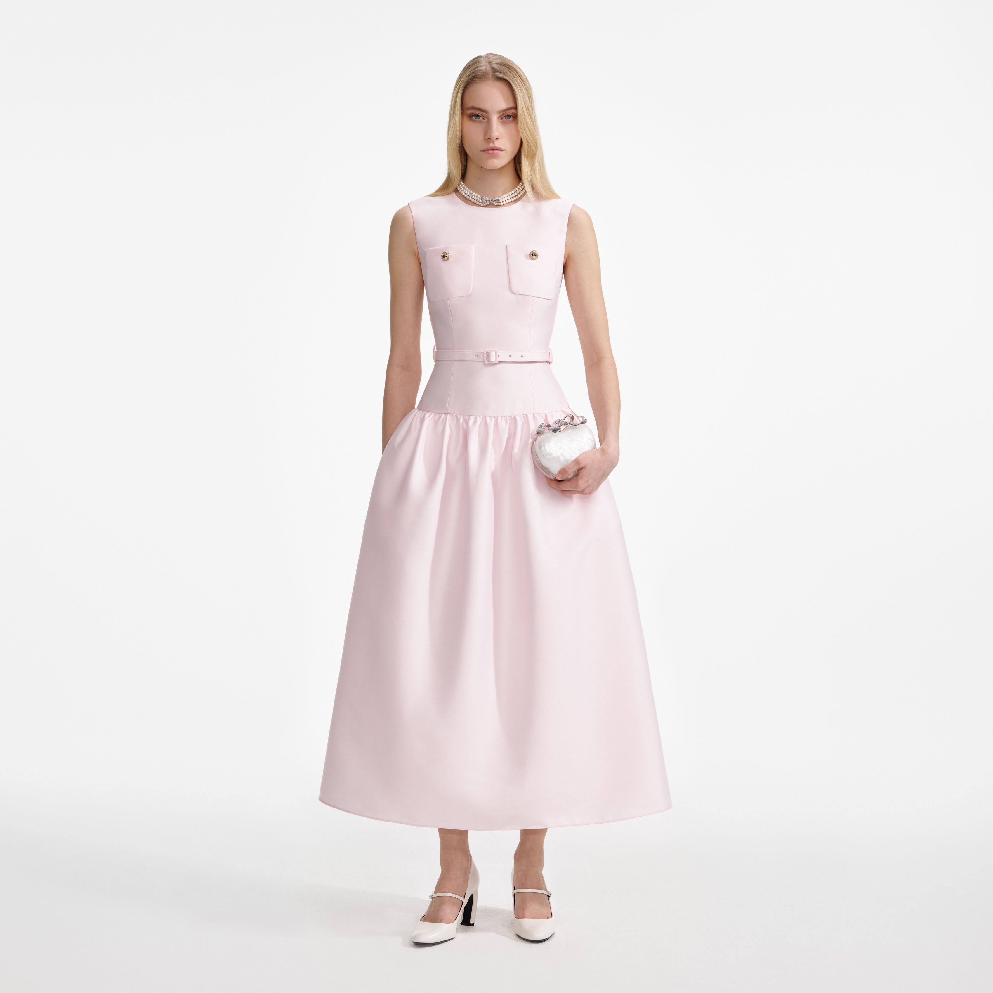 Self Portrait Pink Taffeta Belted Midi Dress Kleid Pink