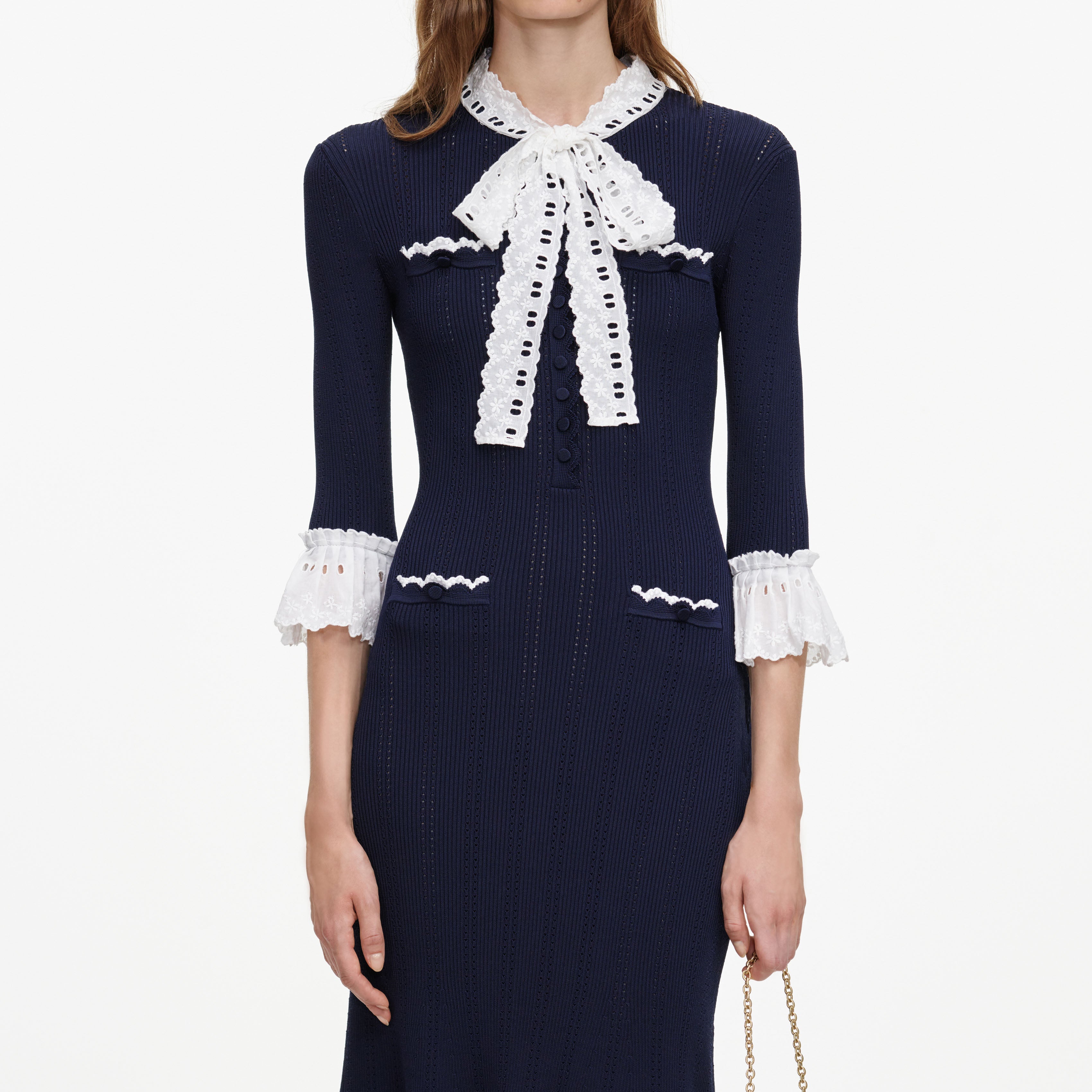 Self Portrait Navy Pointelle Midi Strickkleid Blau Spitze