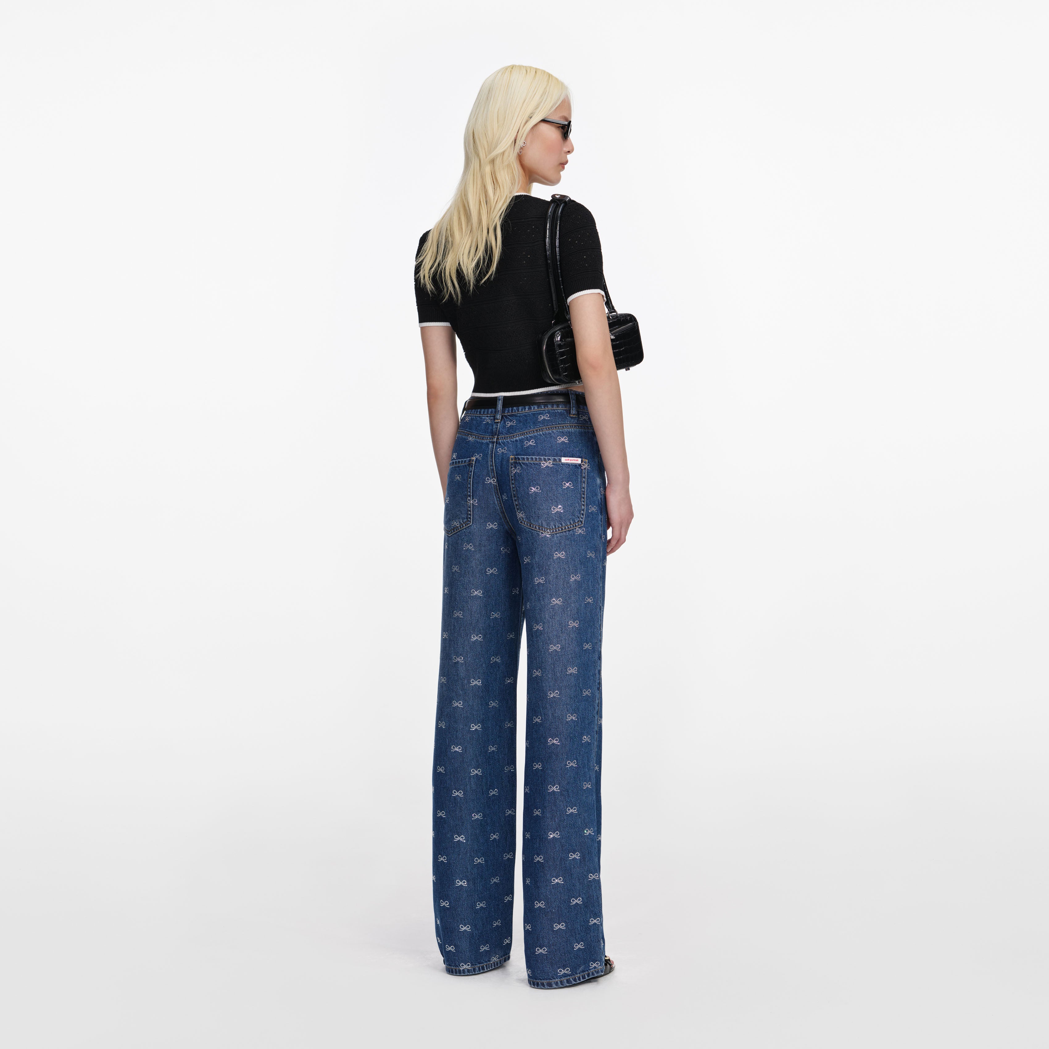Self Portrait Black Pointelle Knit Top Crop Top Schwarz