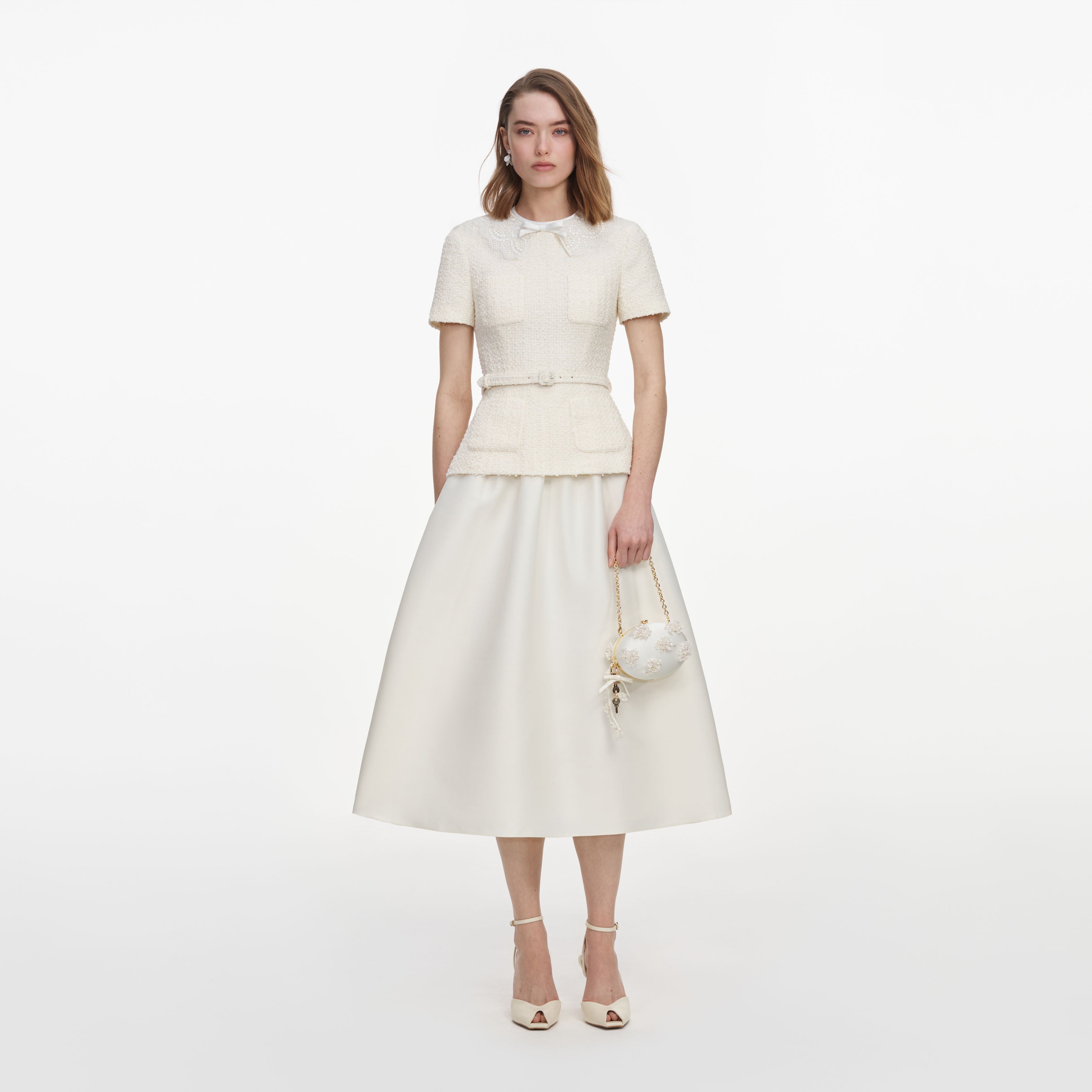 Self Portrait Cream Boucle Taffeta Midi Kleid Creme