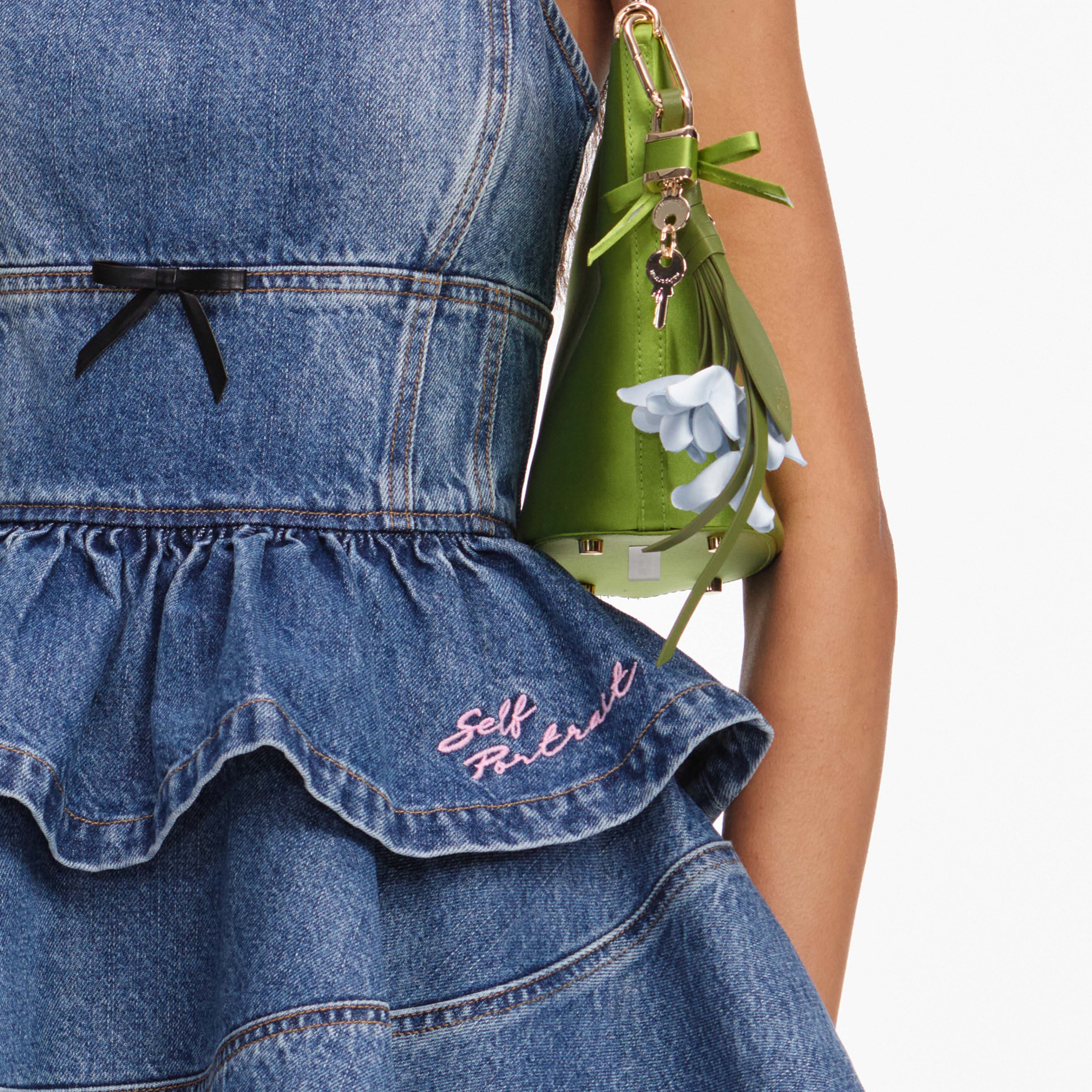 Self Portrait Denim Flared Peplum Mini Jeanskleid Blau