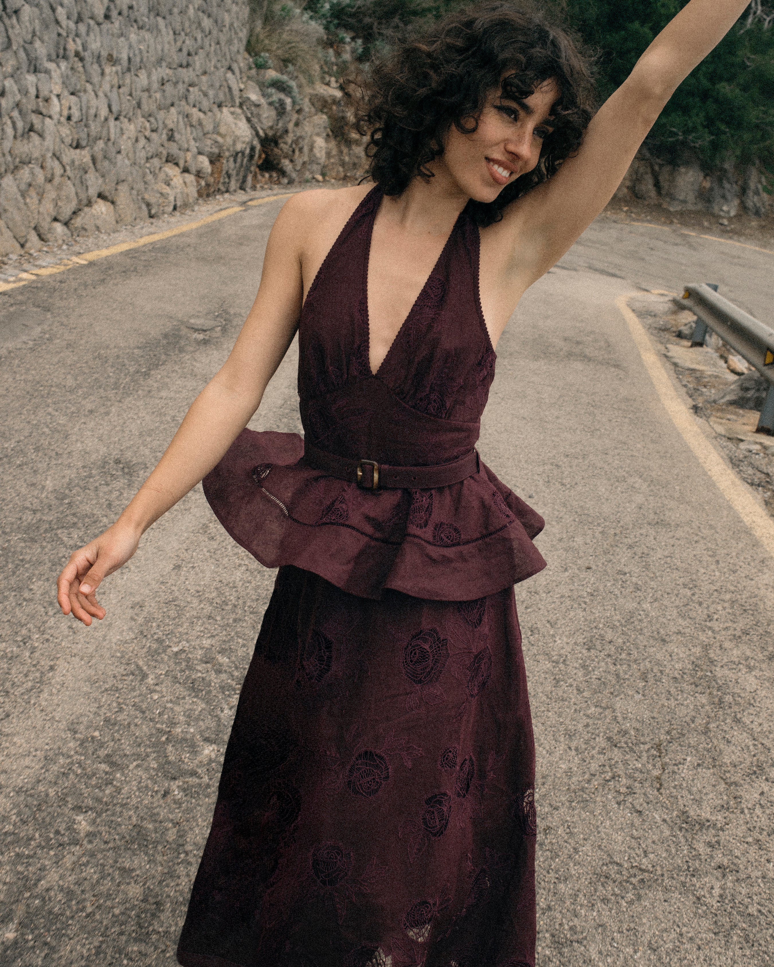 Self Portrait Plum Linen Peplum Midi Leinenkleid Beere