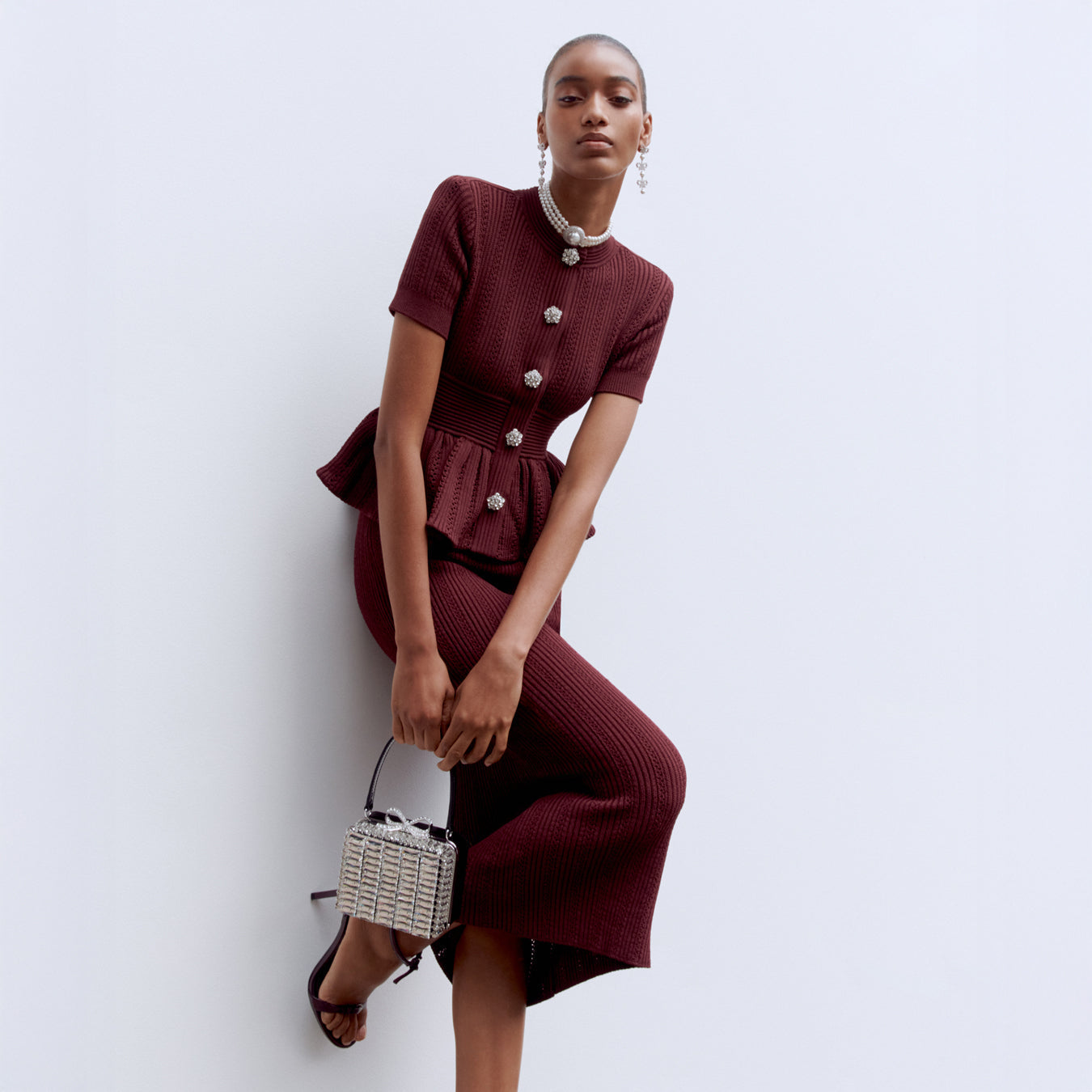 Self Portrait Burgundy Pointelle Knit Midi Kleid Bordeaux