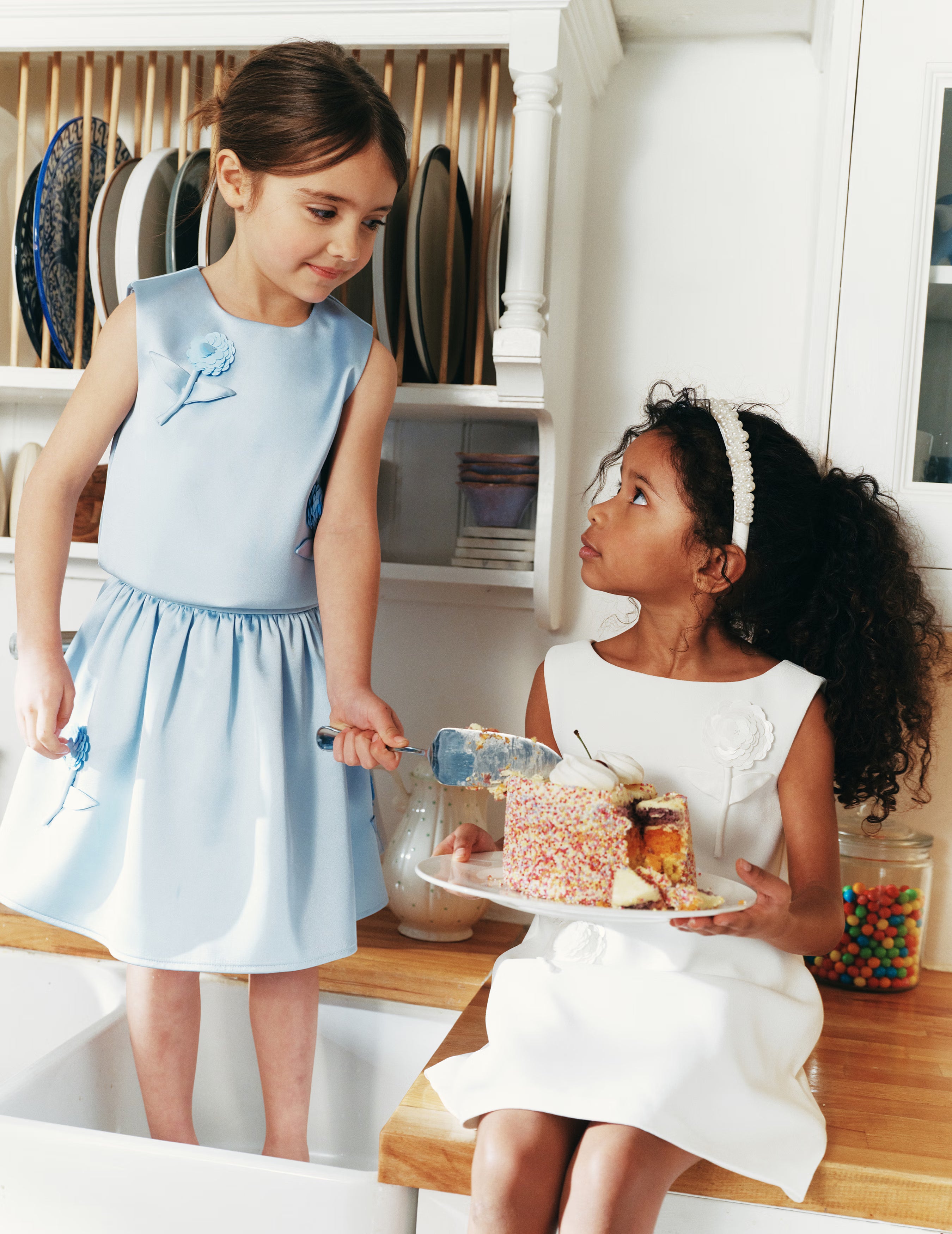 Self Portrait Satin Pailletten Top Blau Blumen Kinder