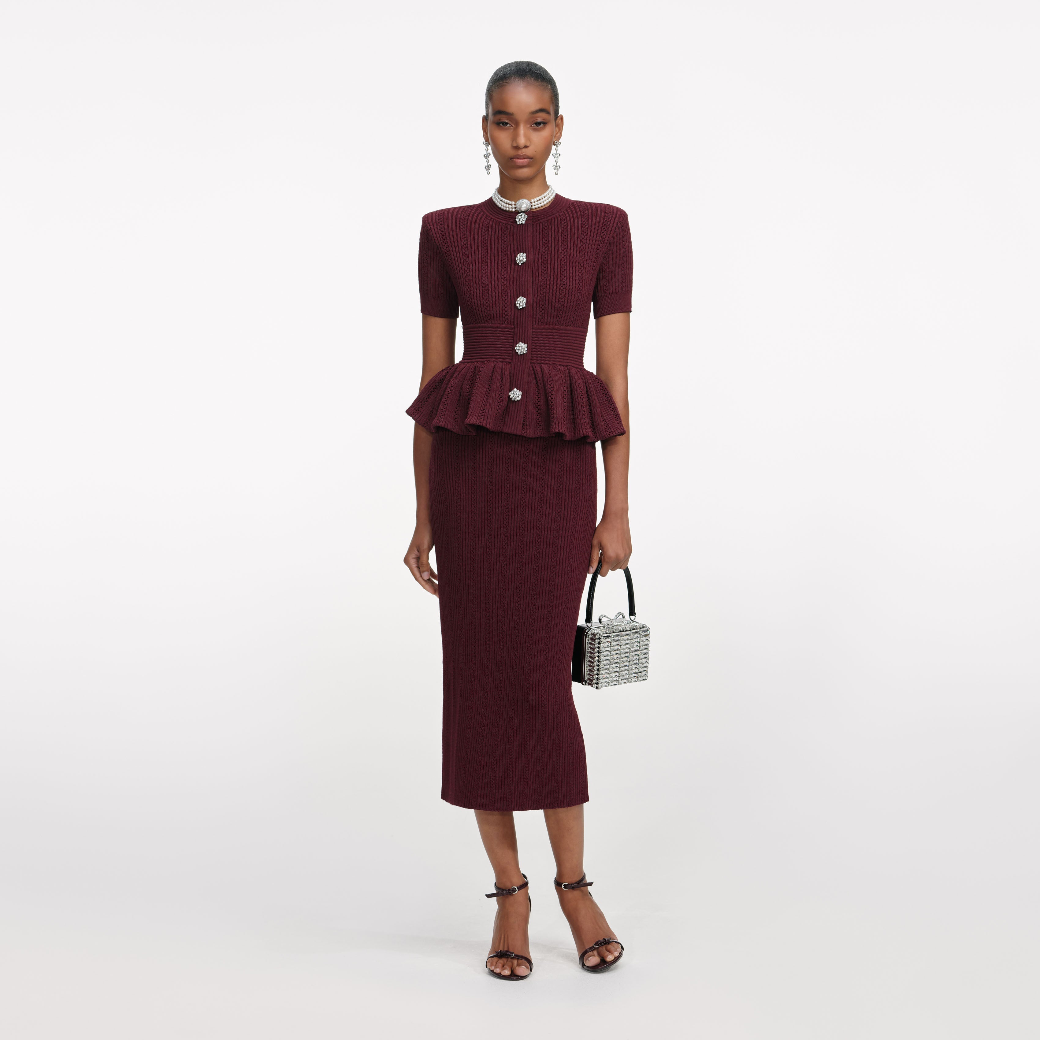 Self Portrait Burgundy Pointelle Knit Midi Kleid Bordeaux