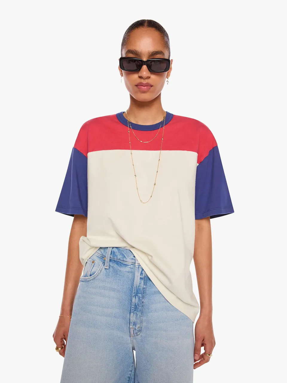 Mother The Blockdown T-Shirt Fluff Tomato Red Estate Blue