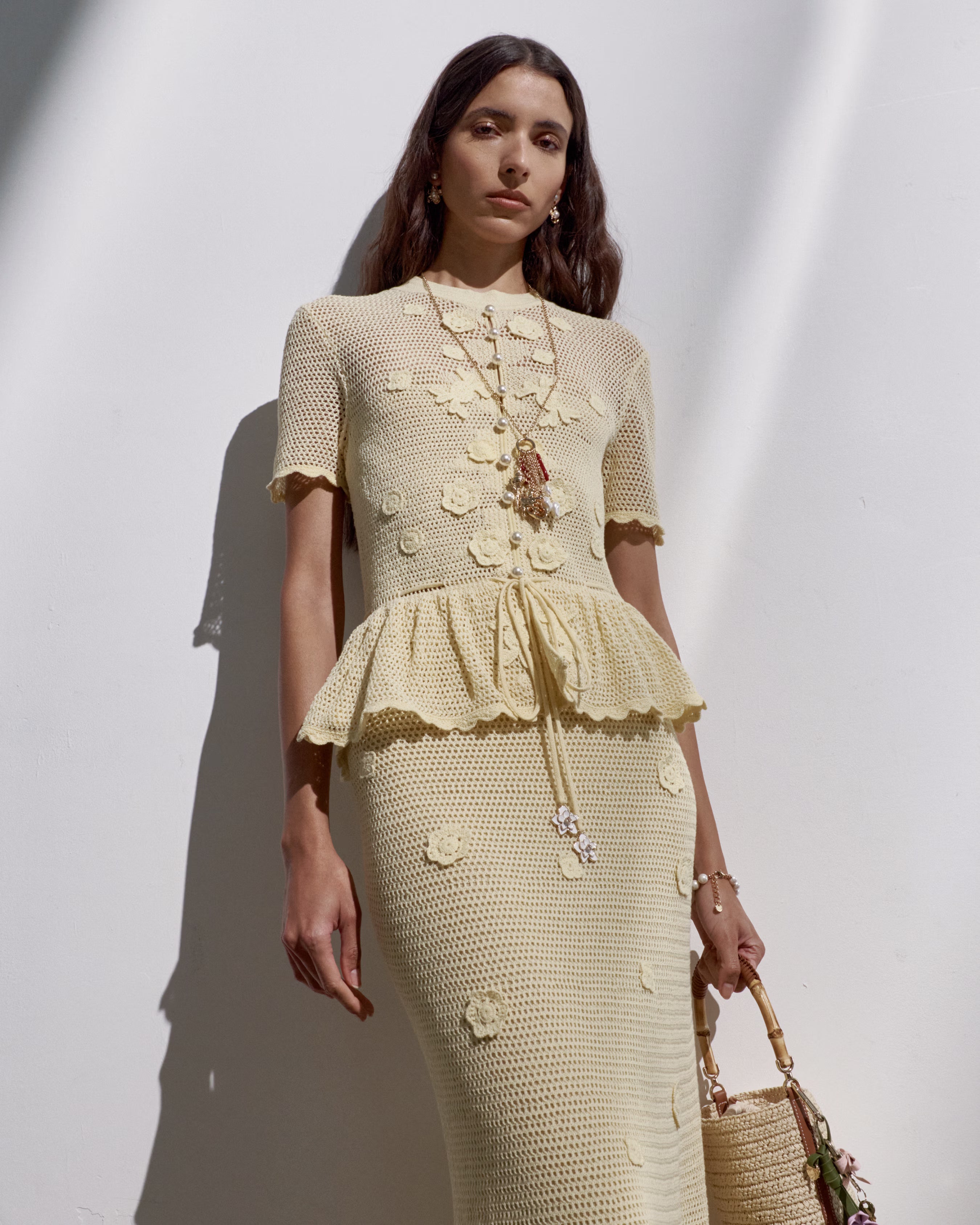 Self Portrait Yellow Floral Crochet Midi Kleid Gelb S Baumwolle