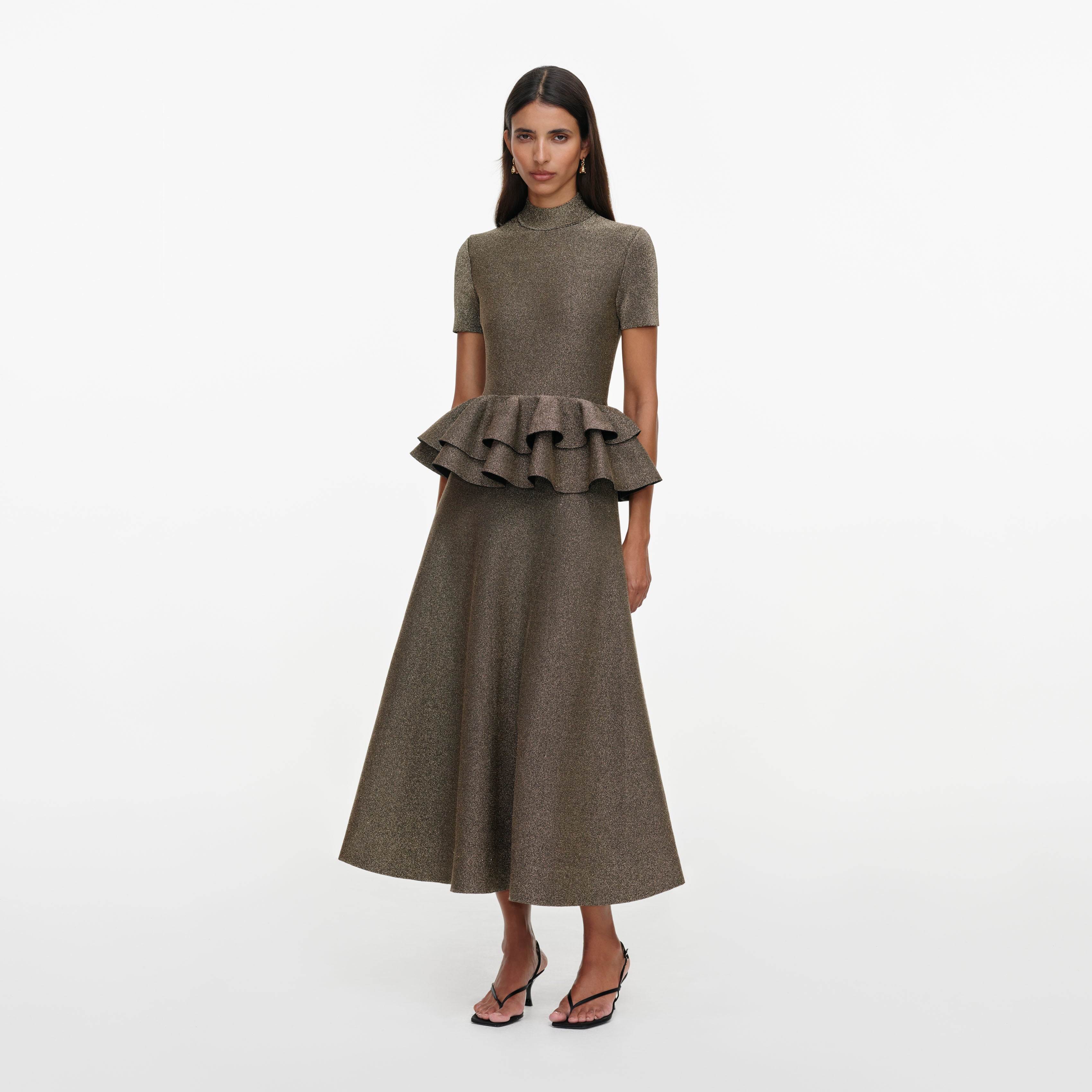 Self Portrait Bronze Peplum Strick Midikleid Metallic