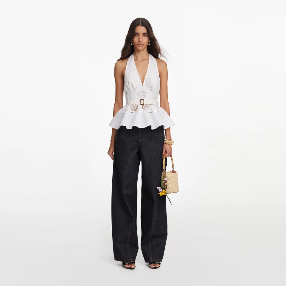 Self Portrait White Linen Peplum Top Bluse Weiß Leinen