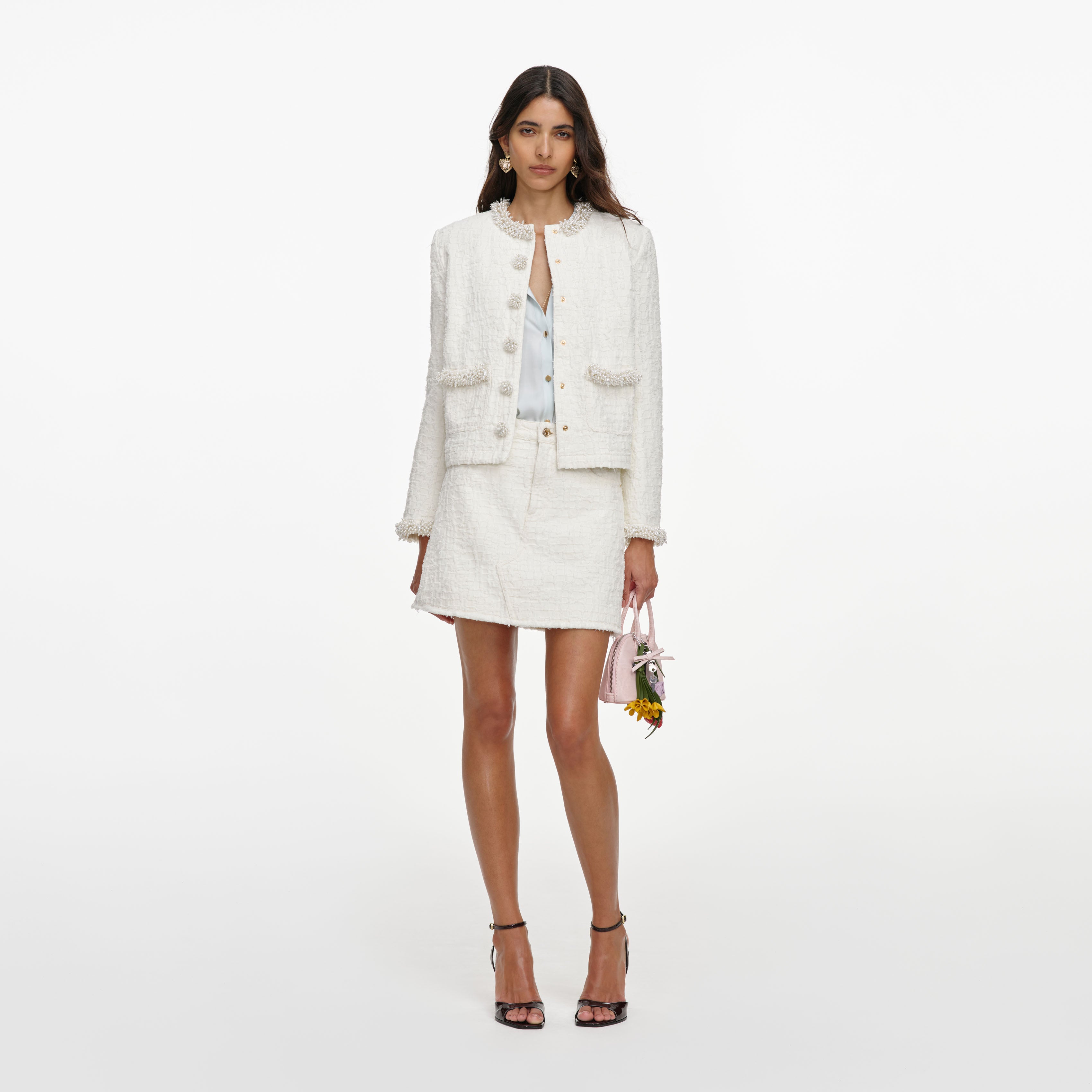Self Portrait Creme Denim Jacke Perlen Relaxed Fit