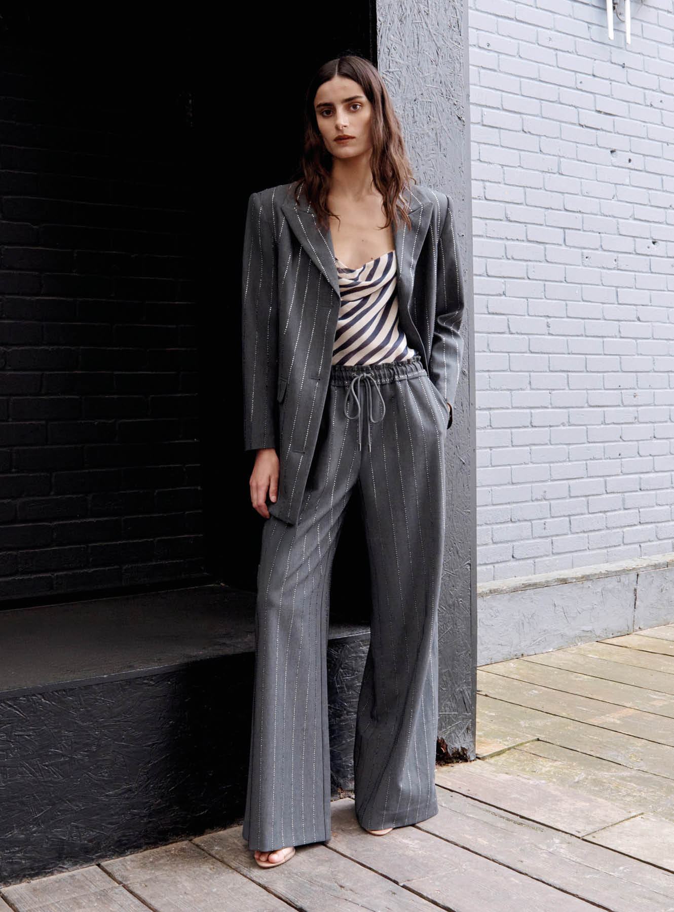 Self Portrait Grey Rhinestone Pinstripe Hose Grau Wolle