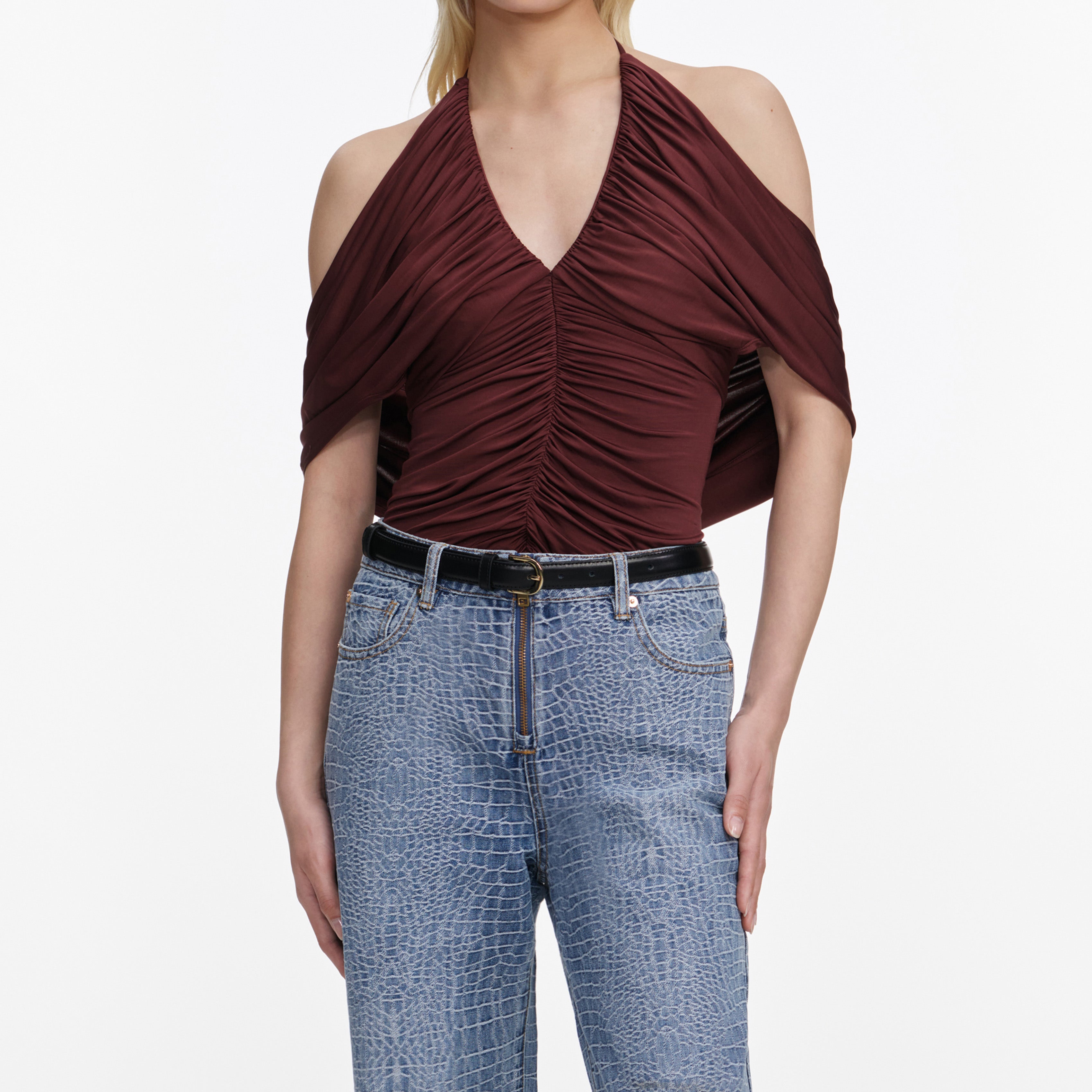 Self Portrait Brown Jersey Drape Top Braun