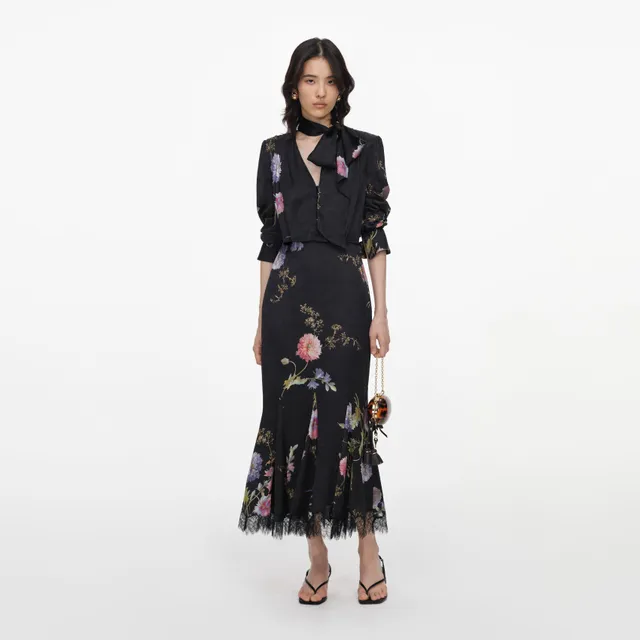 Self Portrait Black Satin Floral Midi Kleid Schwarz Blumen