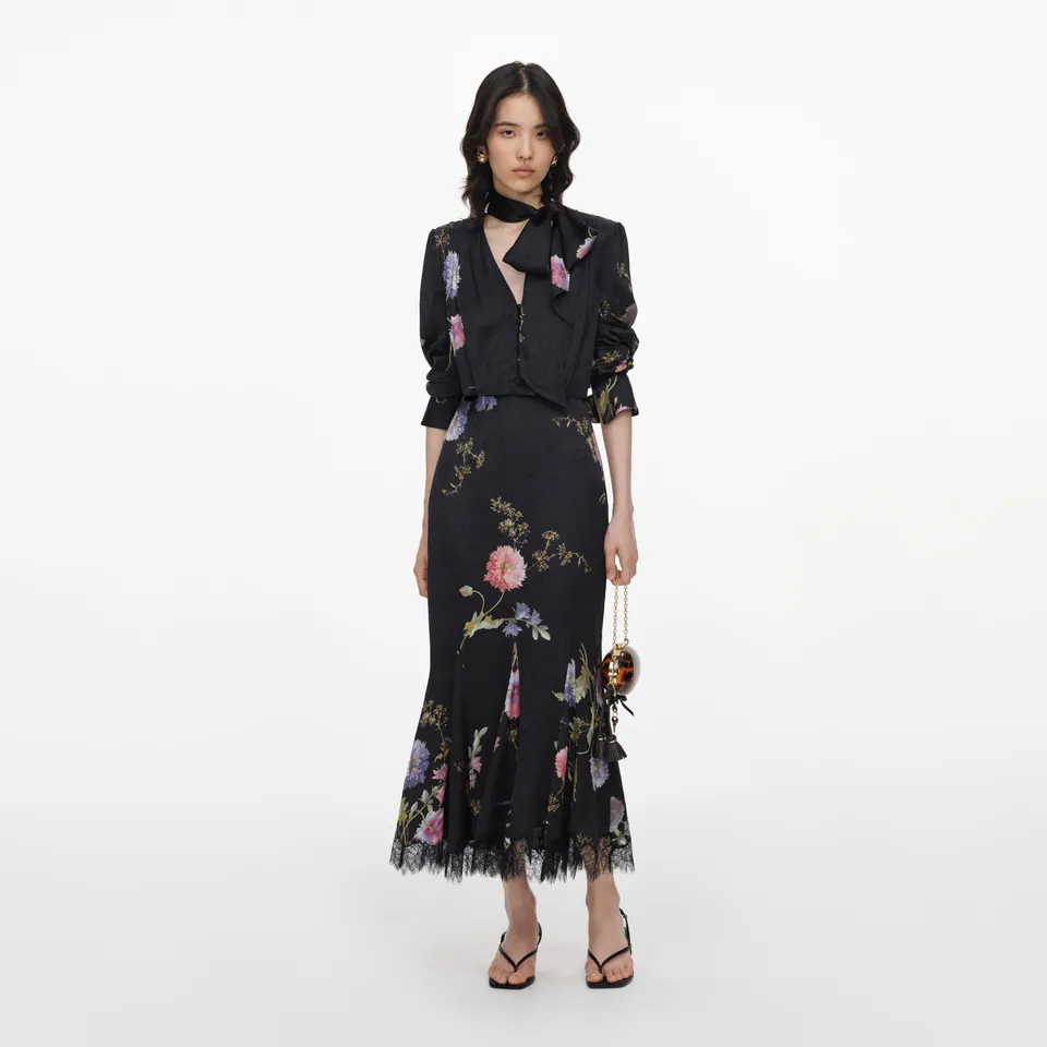 Self Portrait Black Satin Floral Midi Kleid Schwarz Blumen