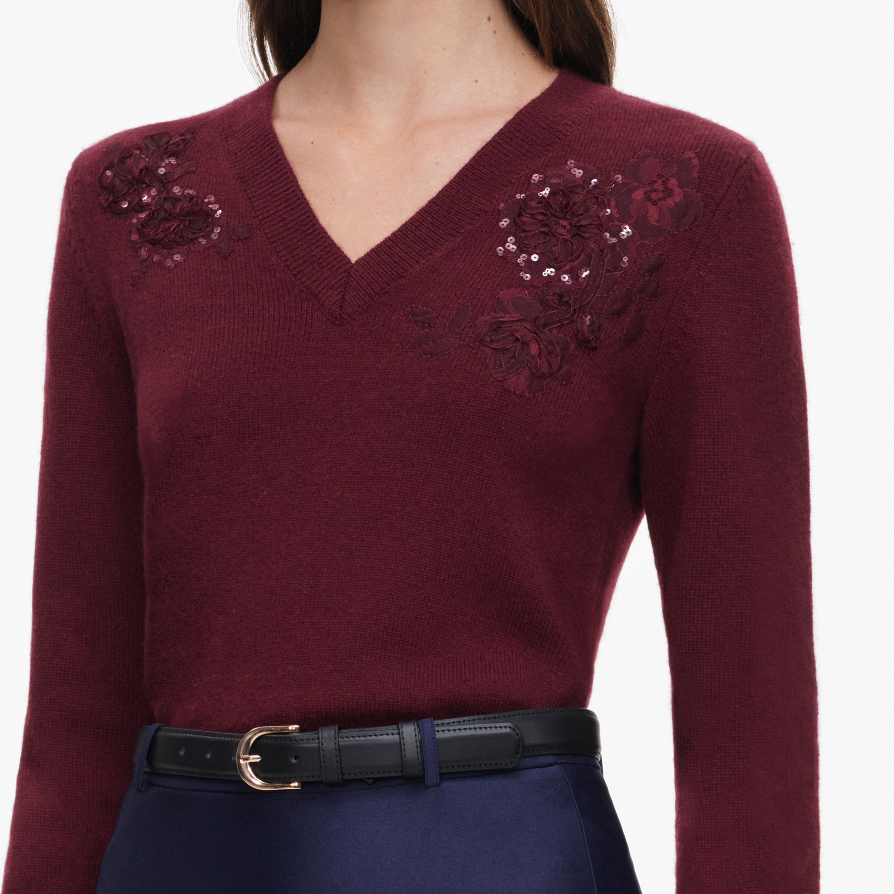 Self Portrait Burgundy Flower Wool Pullover Bordeaux Wolle
